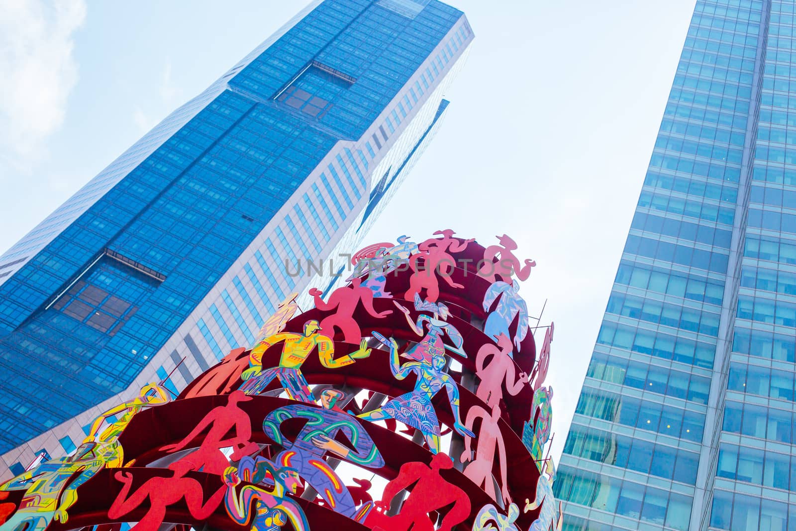 Singapore CBD, Singapore - June 21 2015: Singapore Momentum Sculpture located at the triangle traffic junction of Marina Blvd and Raffles Quay