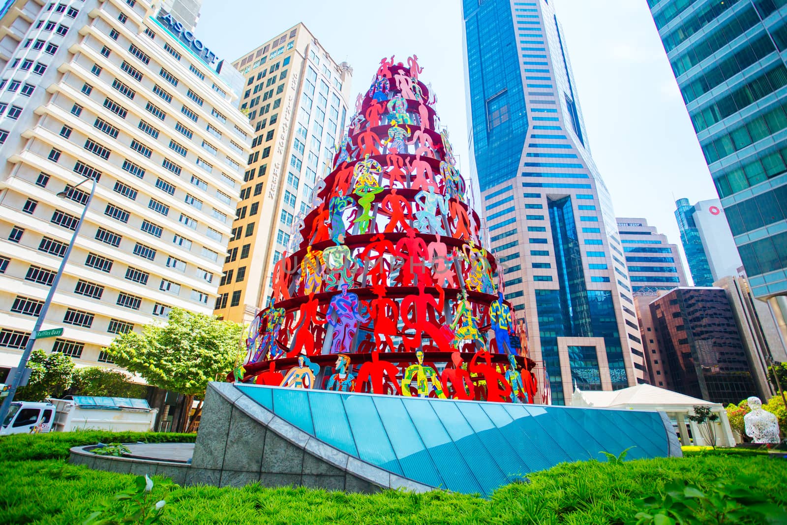 Singapore CBD, Singapore - June 21 2015: Singapore Momentum Sculpture located at the triangle traffic junction of Marina Blvd and Raffles Quay