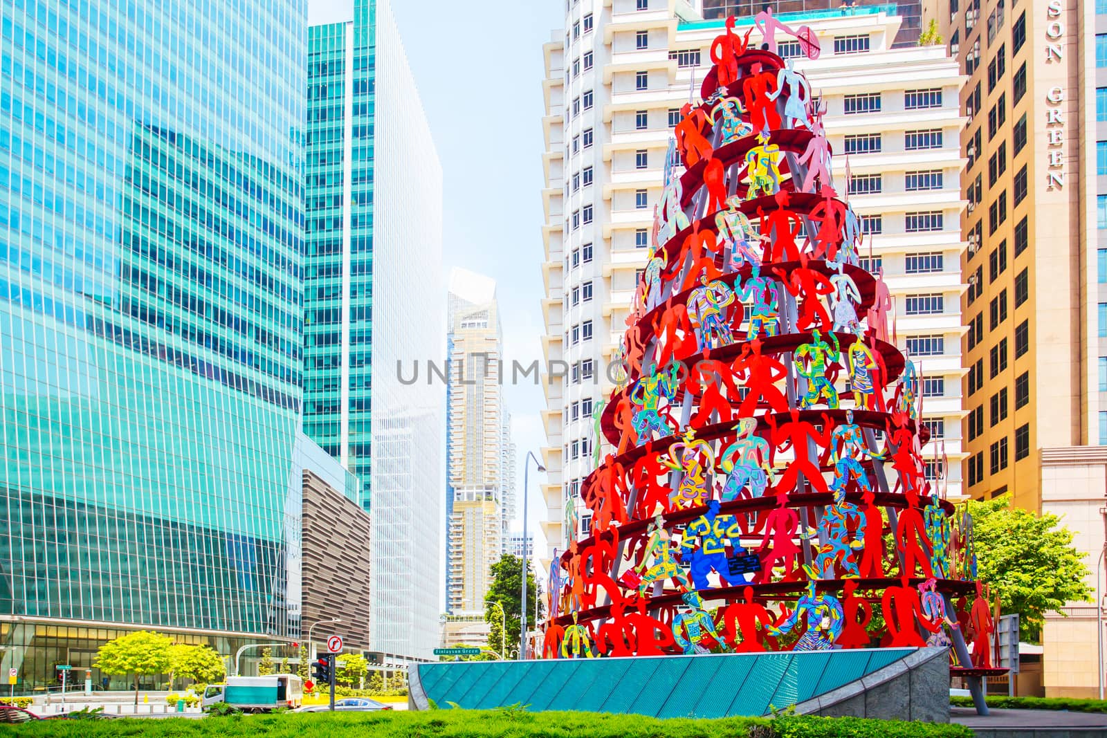 Singapore CBD, Singapore - June 21 2015: Singapore Momentum Sculpture located at the triangle traffic junction of Marina Blvd and Raffles Quay