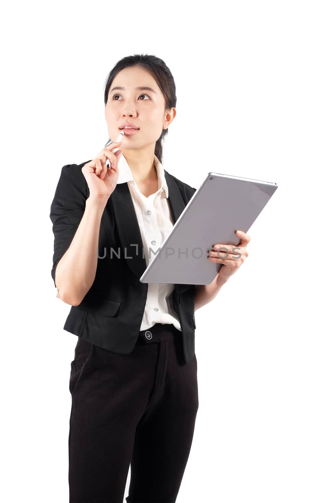 young working woman holding digital tablet on white background by Surasak