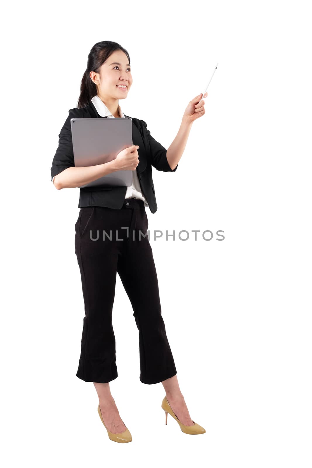 young working woman holding digital tablet on white background