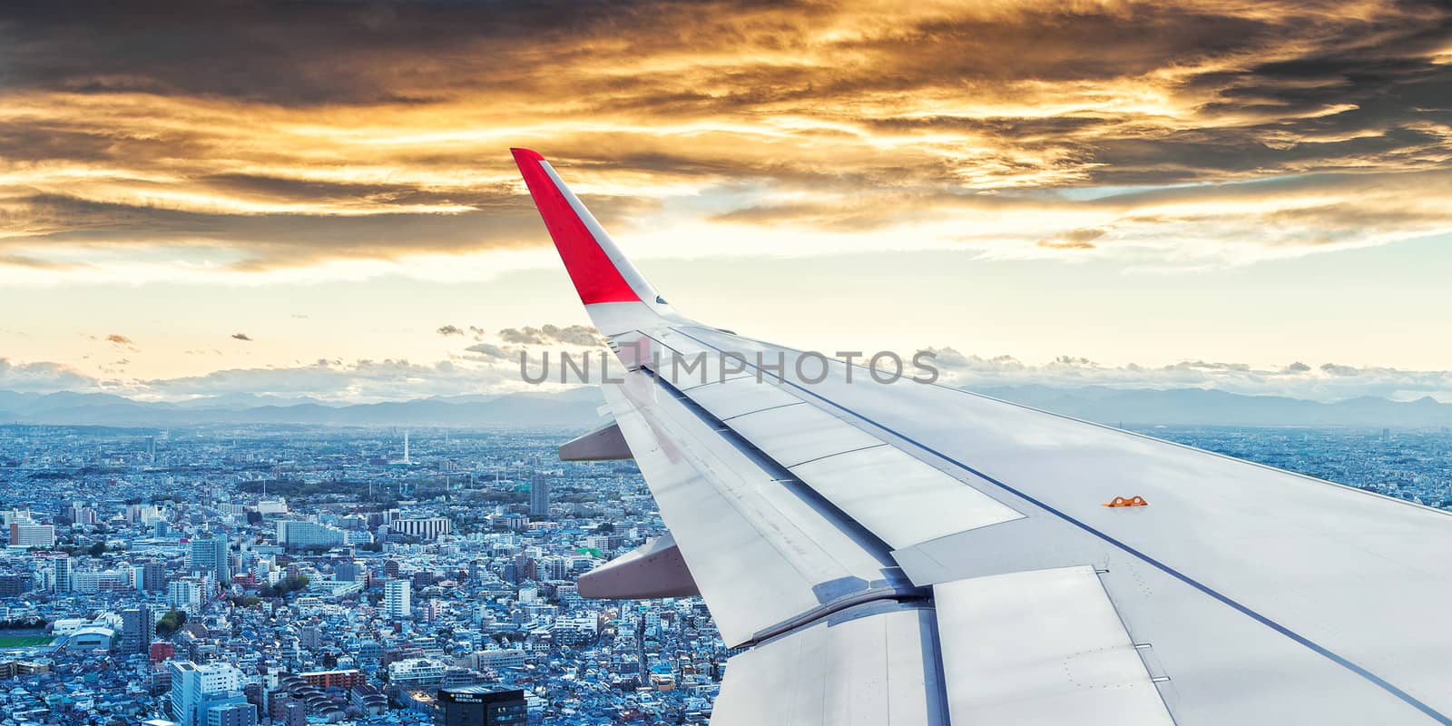 Japan Cityscape View from Airplane Window by Surasak