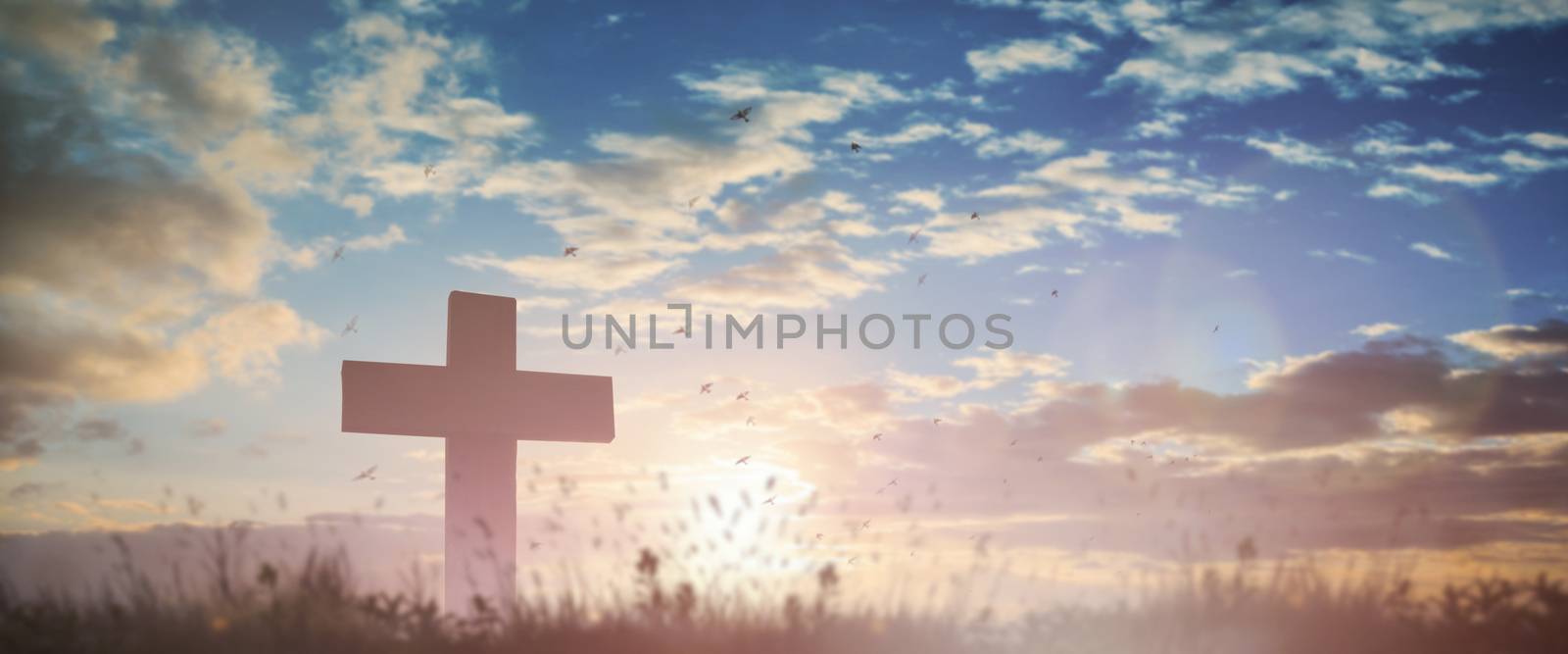 Silhouette jesus christ crucifix on cross on calvary sunset background concept for good friday he is risen in easter day, good friday worship in God, Christian praying in holy spirit religious.