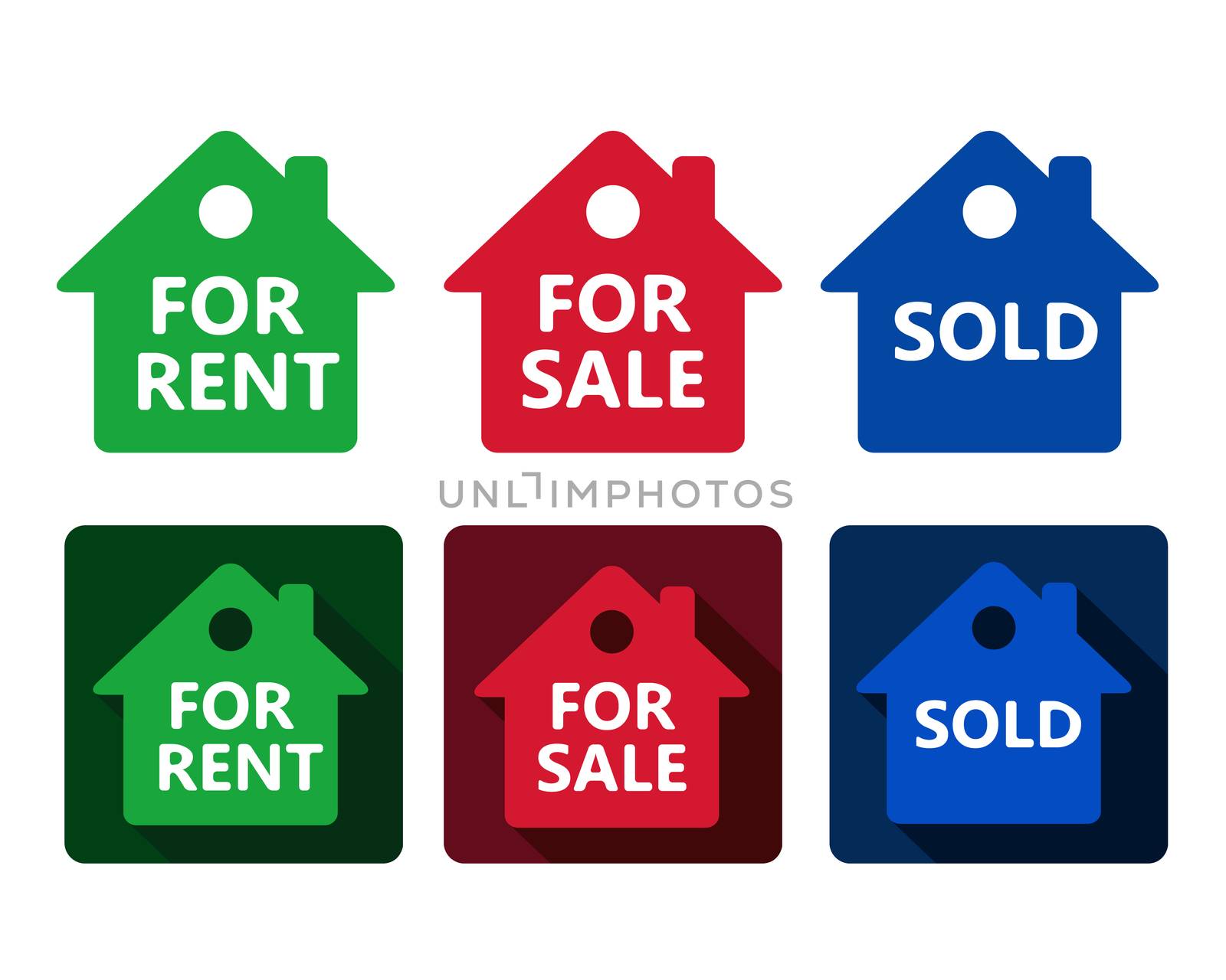 set of real estate house icon red green and blue houses with text for rent sold for sale in simple flat design on rounded square with shadow and isolated on white background