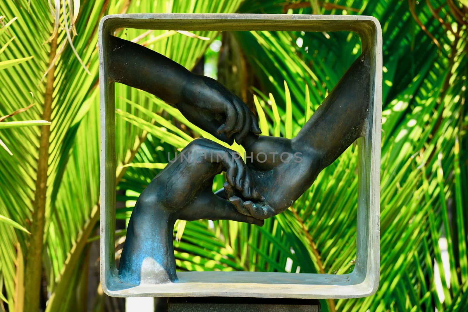 Matakana, New Zealand - Dec 2019: Sculptureum sculpture park. Bronze sculpture representing interconnected human hands; an allegory of harmony, community and friendship. by Marshalkina