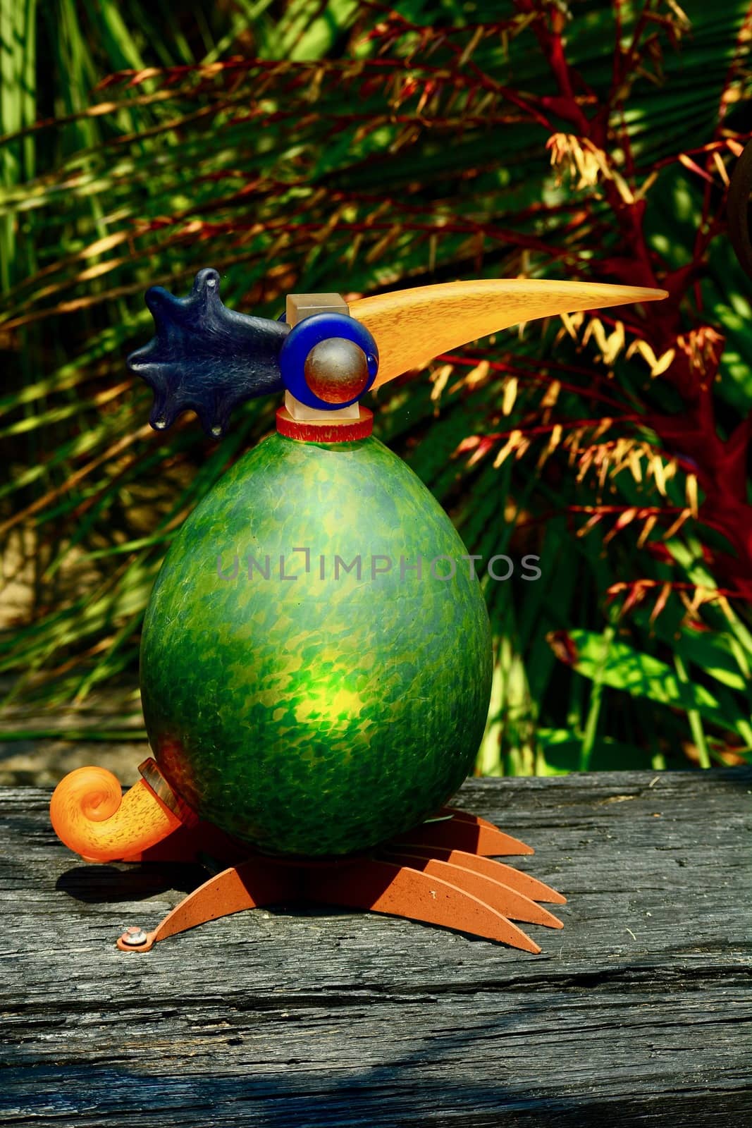 Matakana, New Zealand - Dec 2019: Sculptureum sculpture park. Funny garden sculpture representing an unidentified bird, possibly kiwi. Glass and rusty metal as its building elements. by Marshalkina