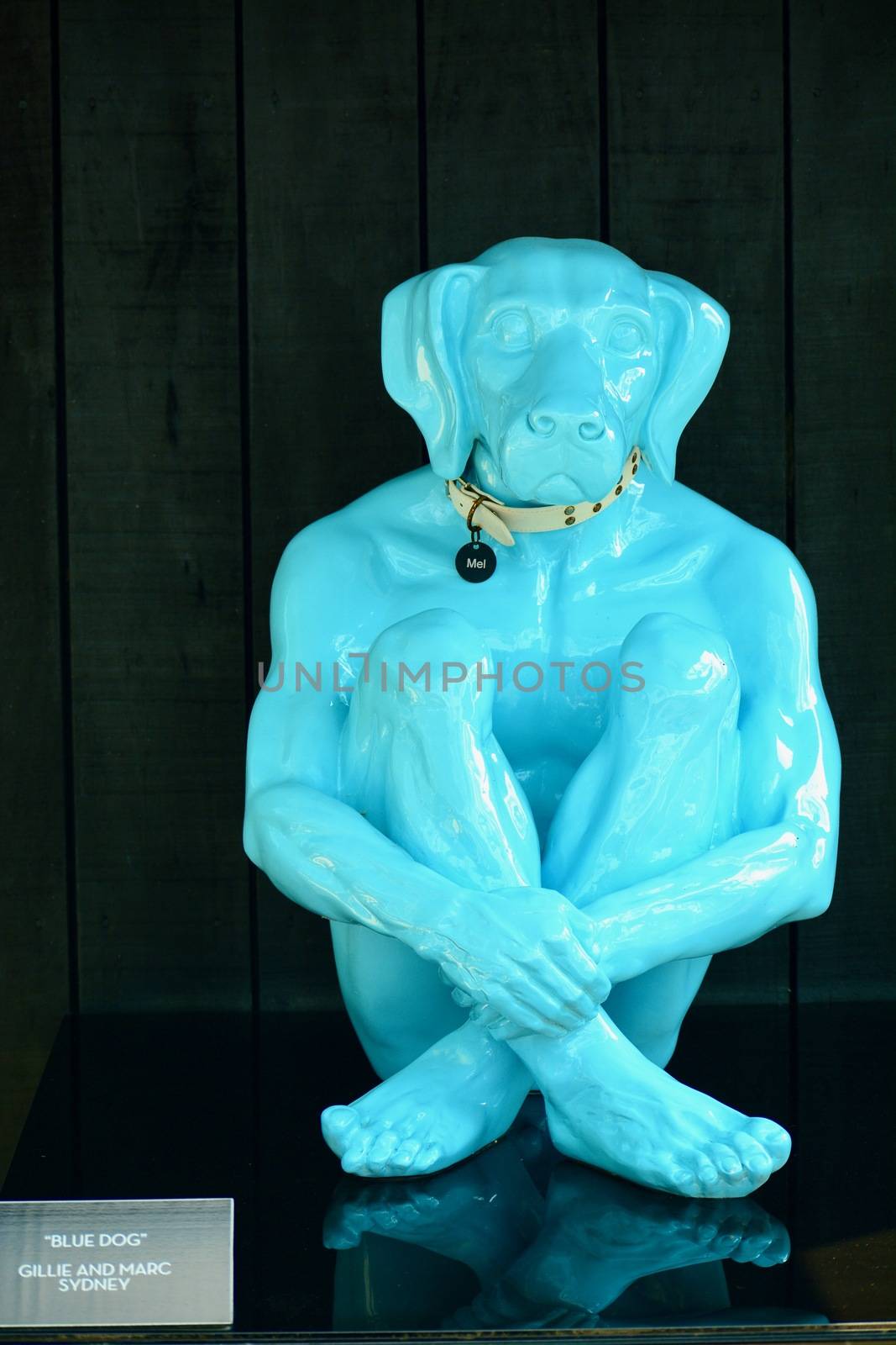 A peculiar modern sculpture representing a blue figure with a human body but a dog’s head.