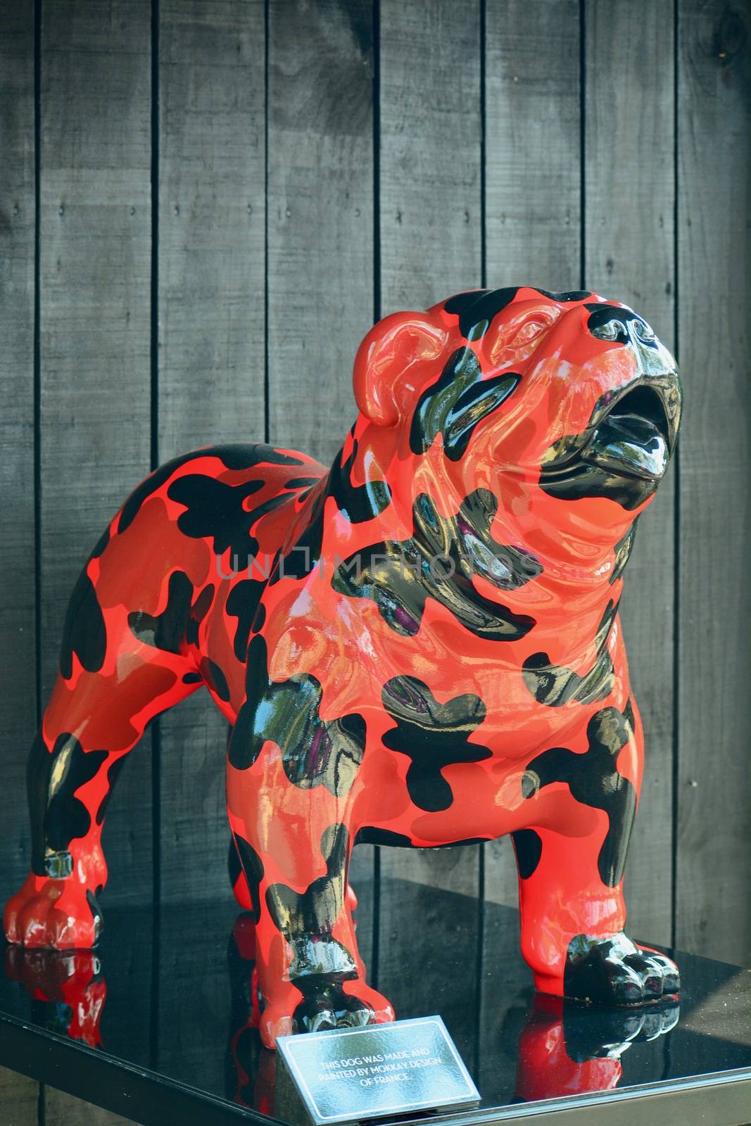 Matakana, New Zealand - Dec 2019: Sculptureum sculpture park. A peculiar modern sculpture representing a porcelain dog, incredibly bright coloured. by Marshalkina