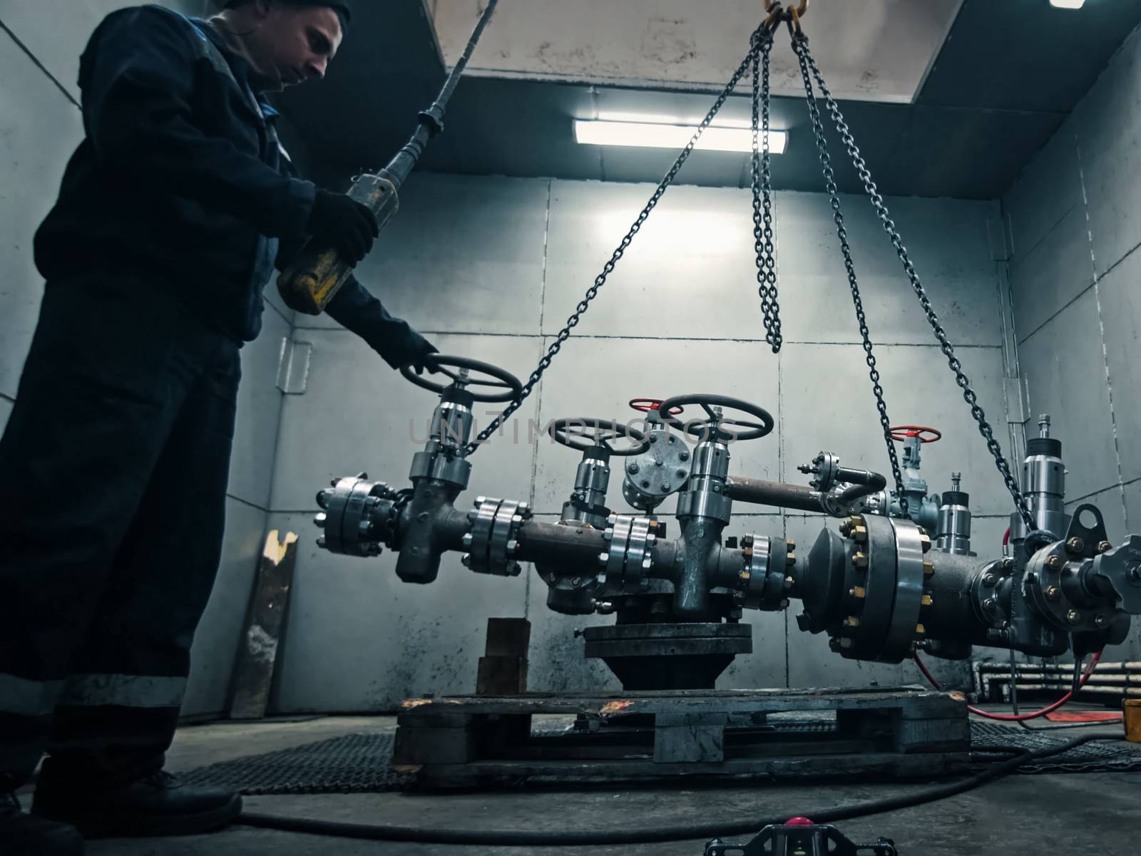 Assembling a well at the oil equipment plant. The connection of the valves and other well parts in the assembly hall.
