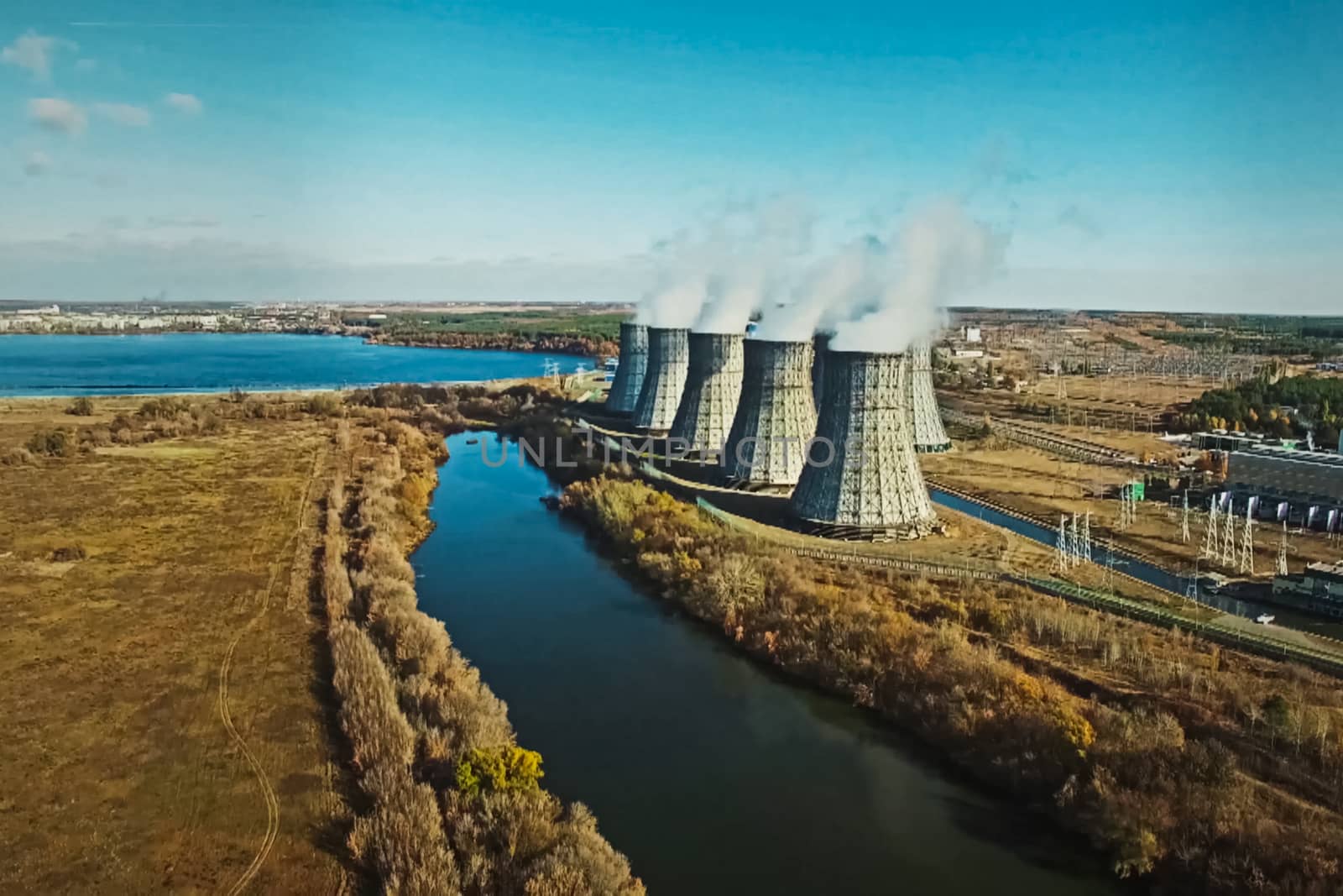 The cooling towers of power plants. Large cooling towers of the nuclear power plant.