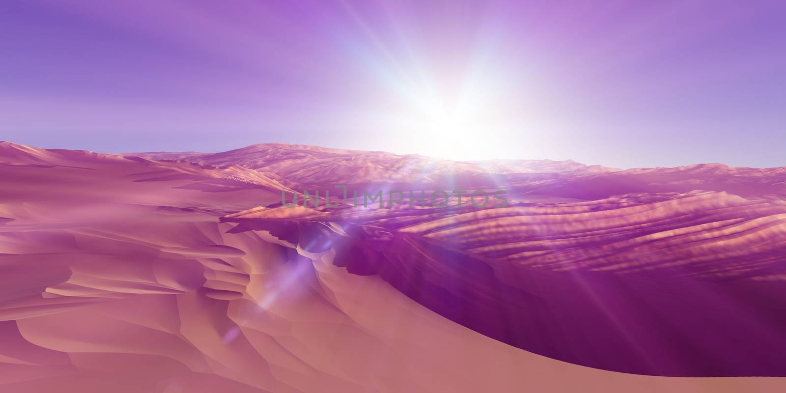 Dunes sunset over the desert. 3d rendering illustration