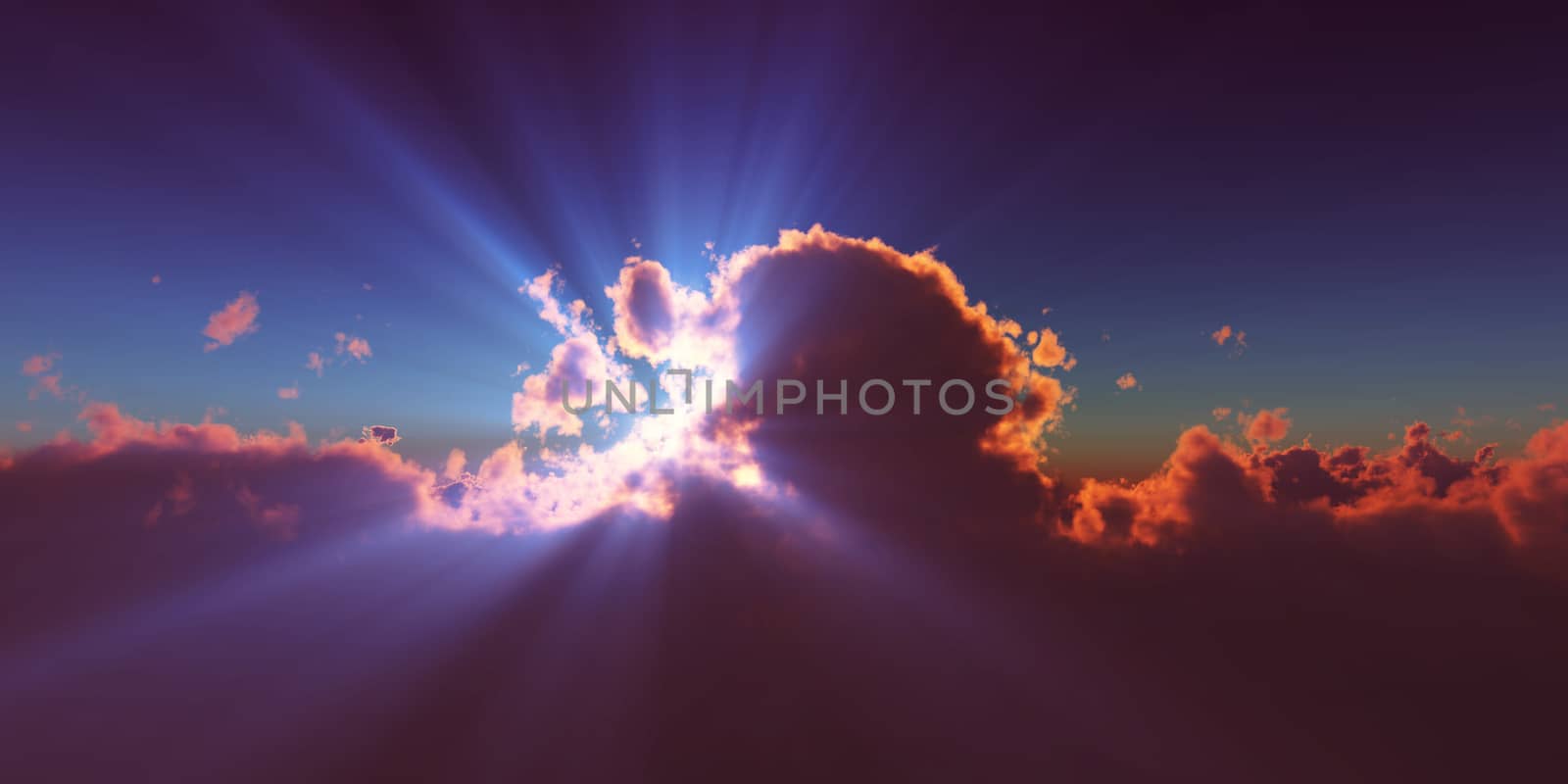 above clouds sun ray sunset. 3d render illustration