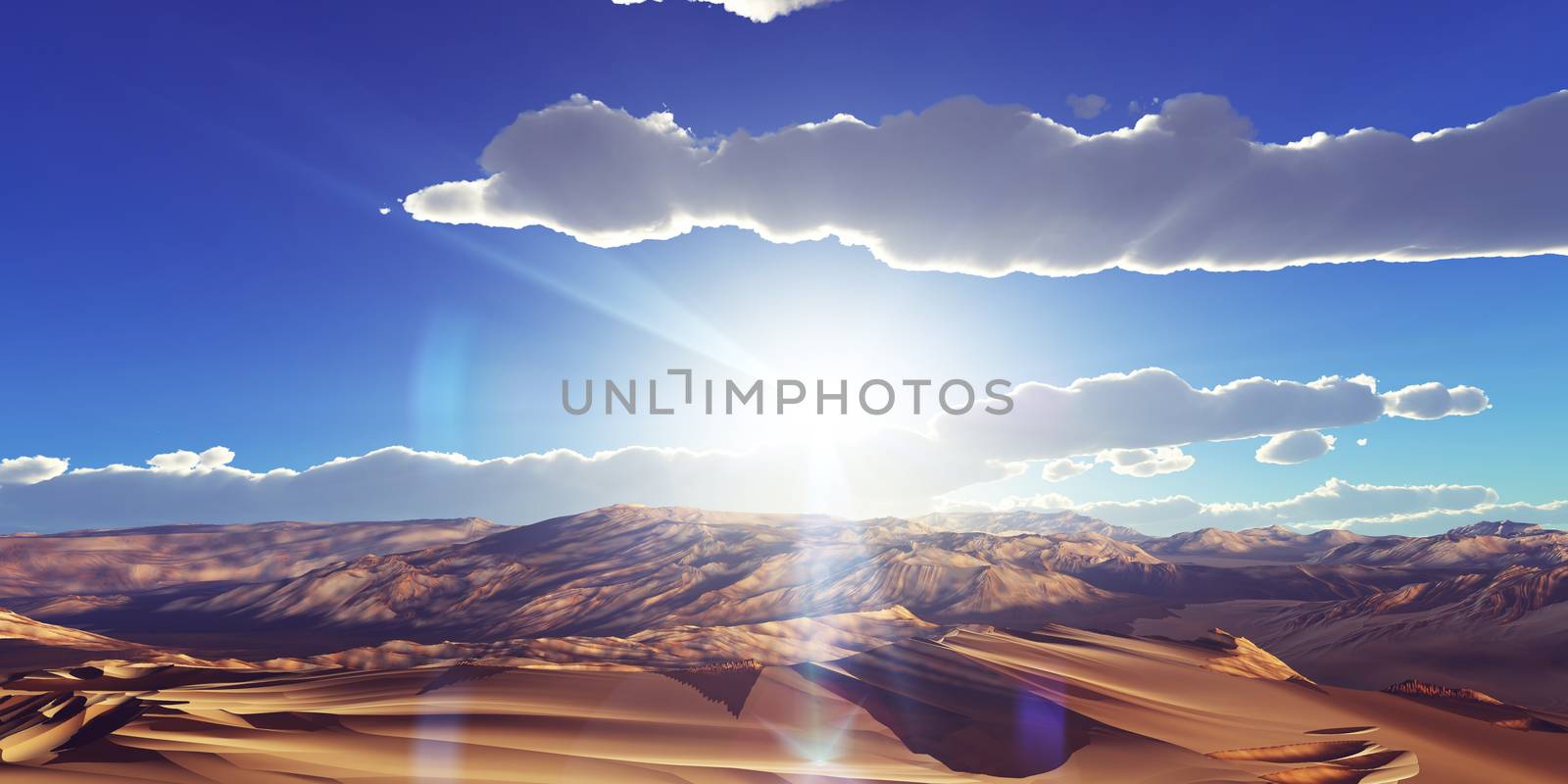 Dunes sunset over the desert. 3d rendering illustration