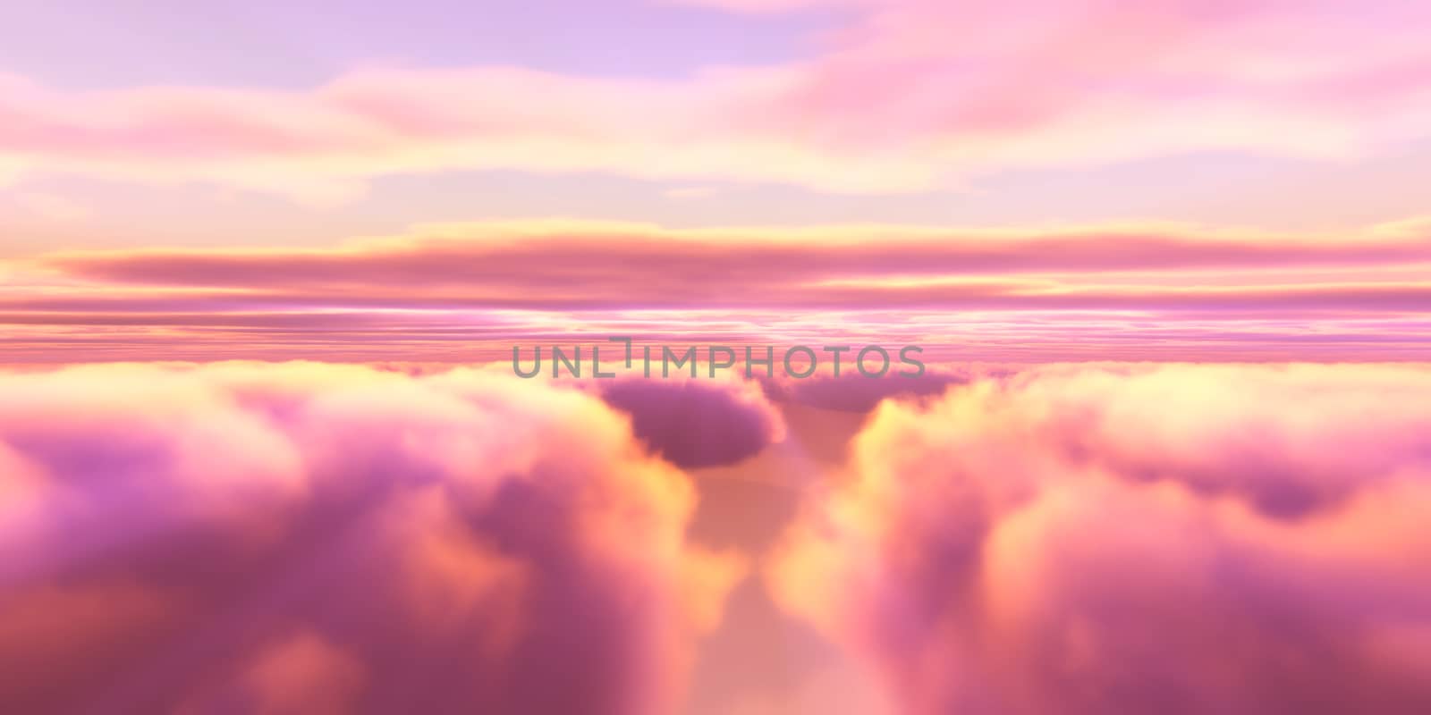 Beautiful aerial view above clouds with sunset. 3d illustration by alex_nako