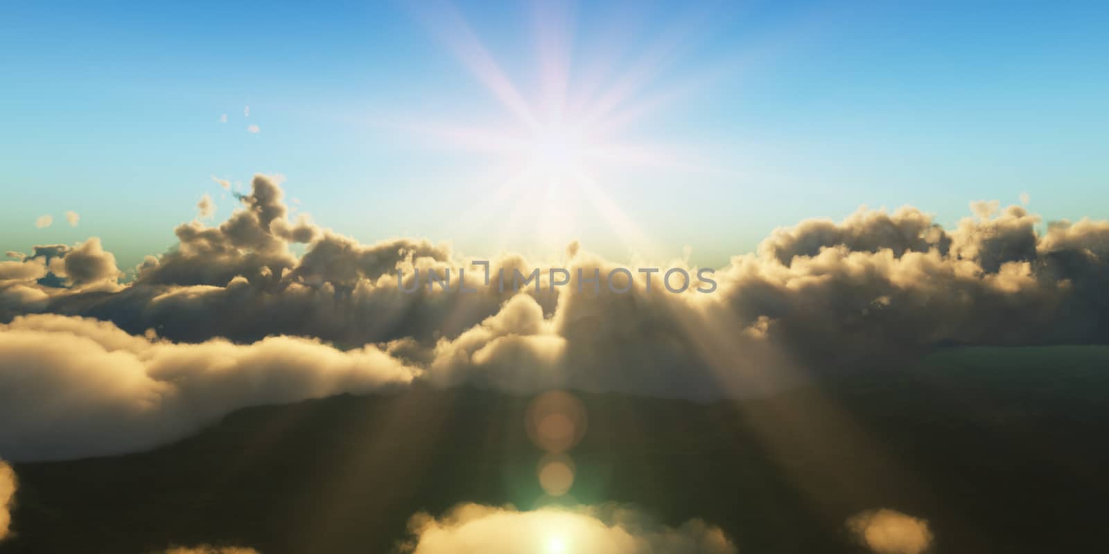 Beautiful aerial view above clouds with sunset. 3d illustration