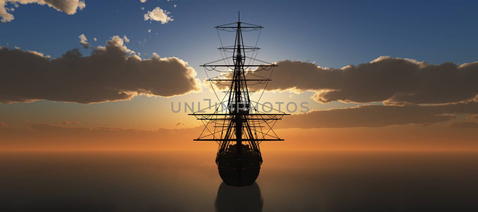 old ship sunset at sea 3d rendering by alex_nako