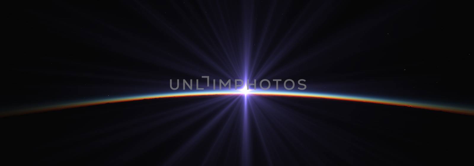 Earth sunrise from space over cloudy ocean. 3d rendering by alex_nako