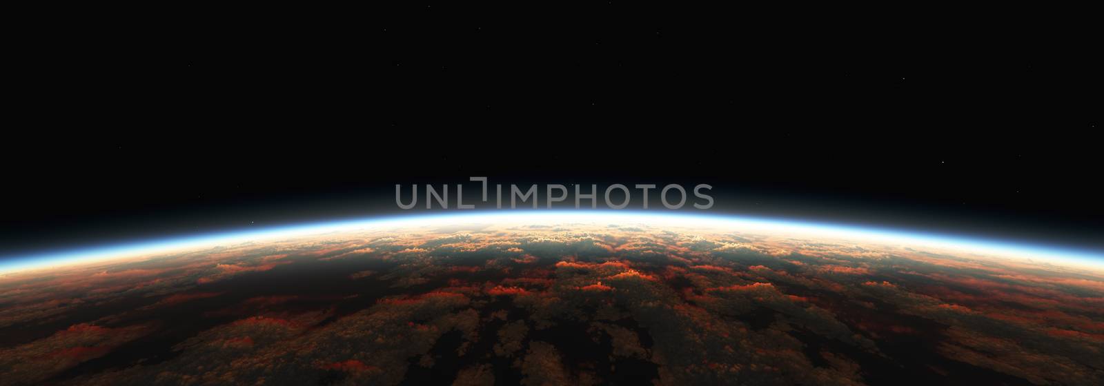 Earth sunrise from space over cloudy ocean. 3d rendering by alex_nako