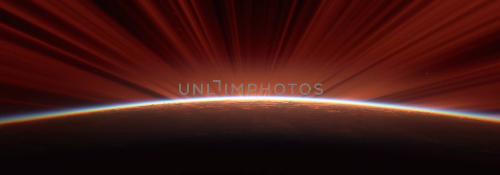 sunrise from space aurora, 3d rendering illustration