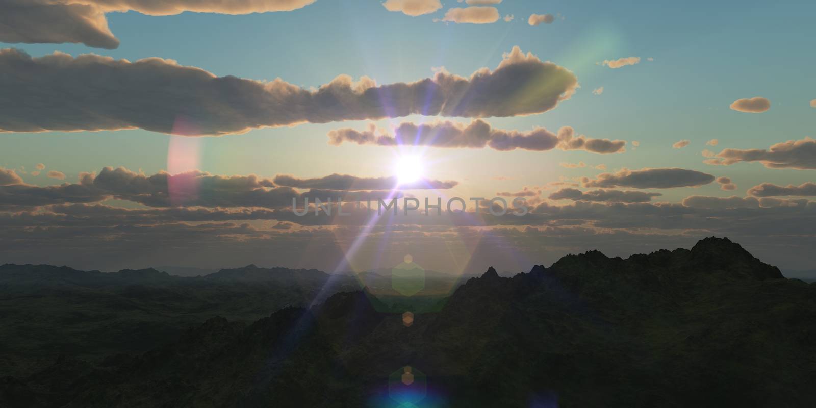 Mountain panorama over the clouds sunset. Computer generated 3D illustration by alex_nako