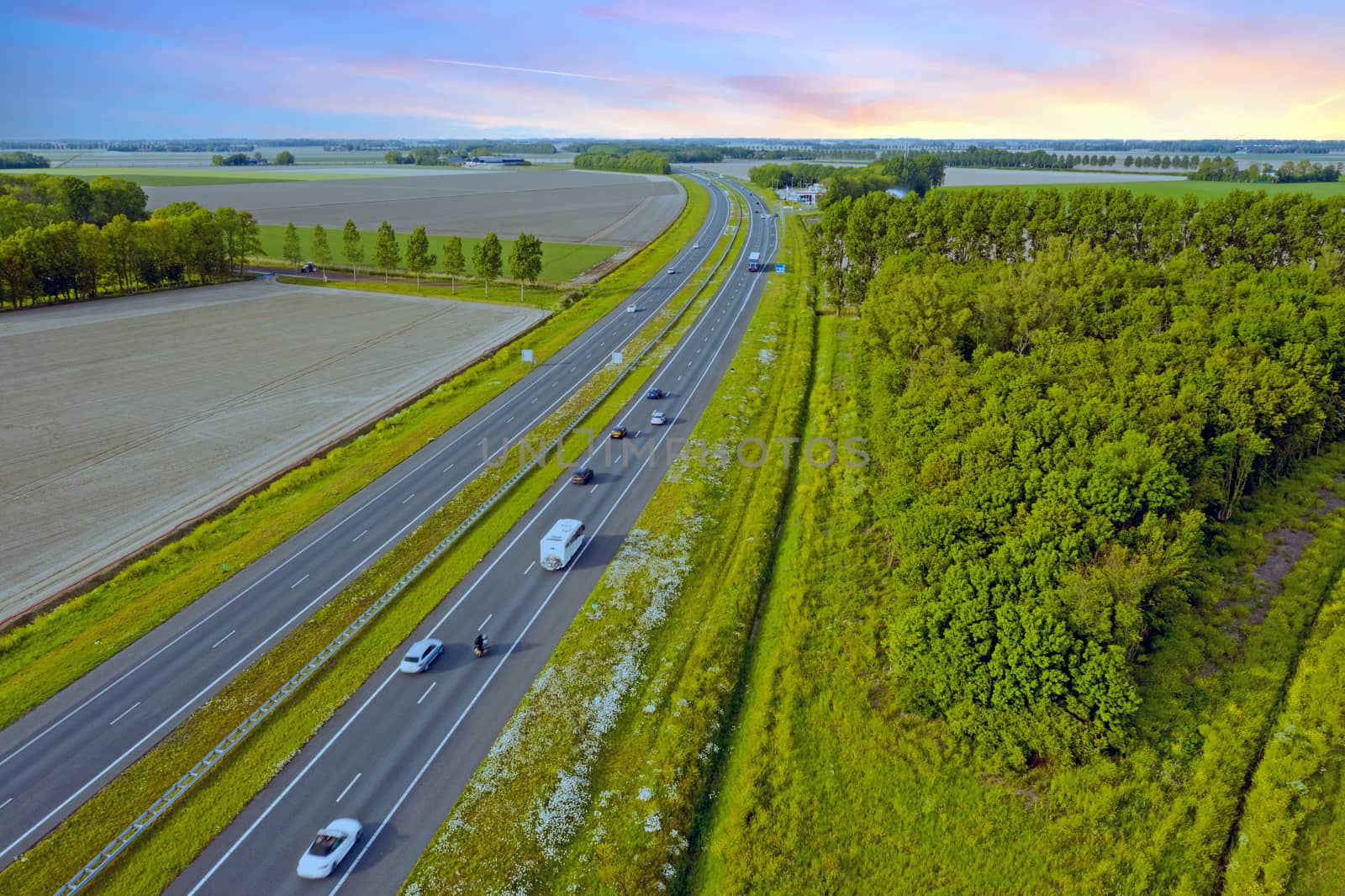 Aerial from the highway A6 near Almere in the countryside from the Netherlands