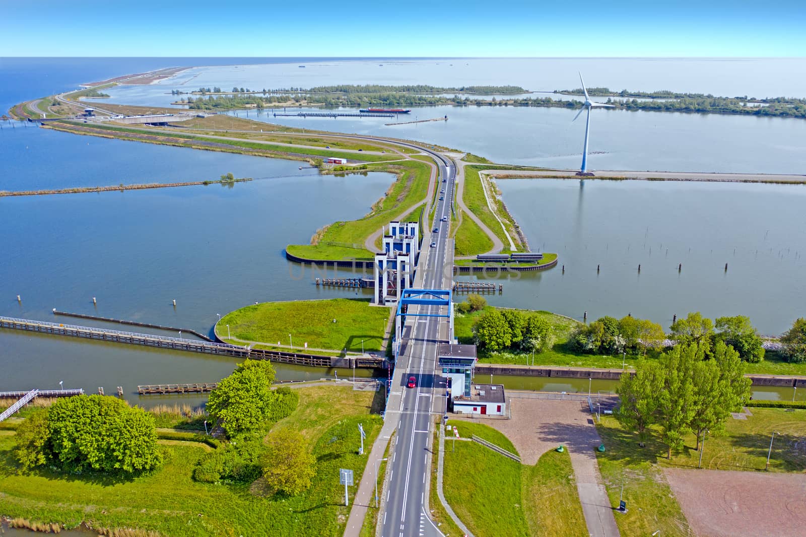 Aerial from the dyke between Enkhuizen and Lelystad in the Netherlands 