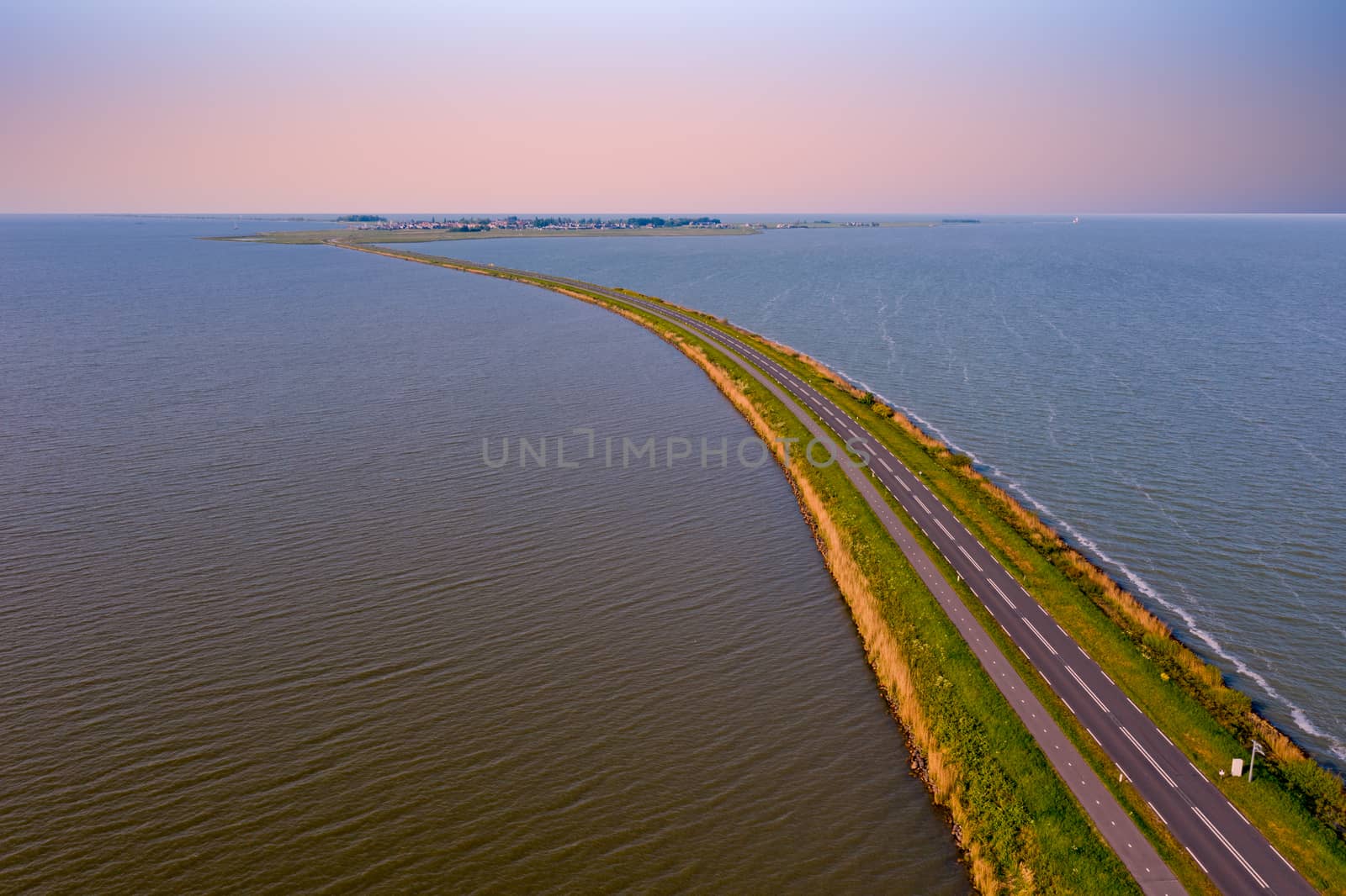 Aerial from the dyke to Marken at the IJsselmeer in the Netherlands
