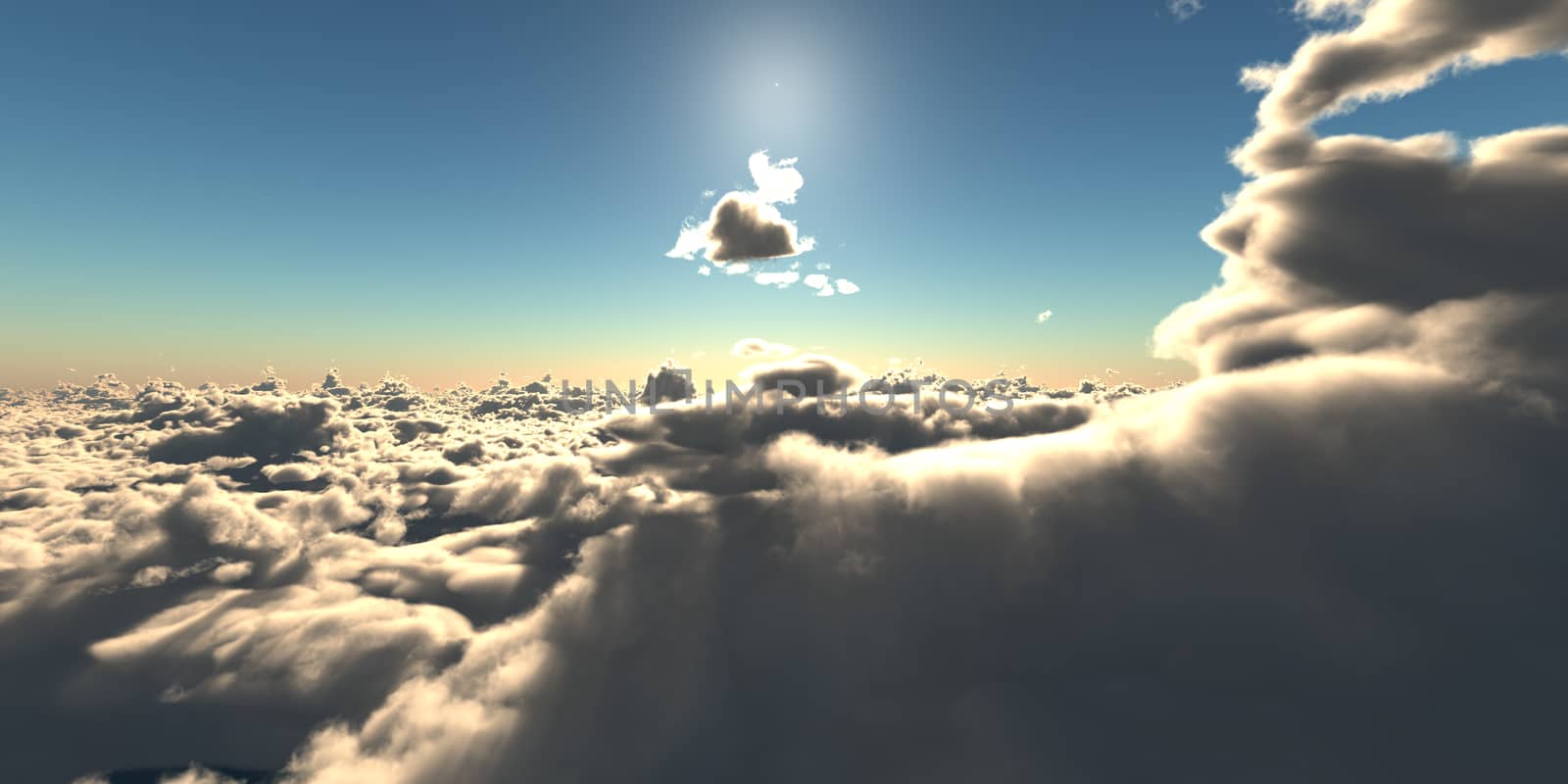 fly above clouds sunset landscape, 3d render illustration