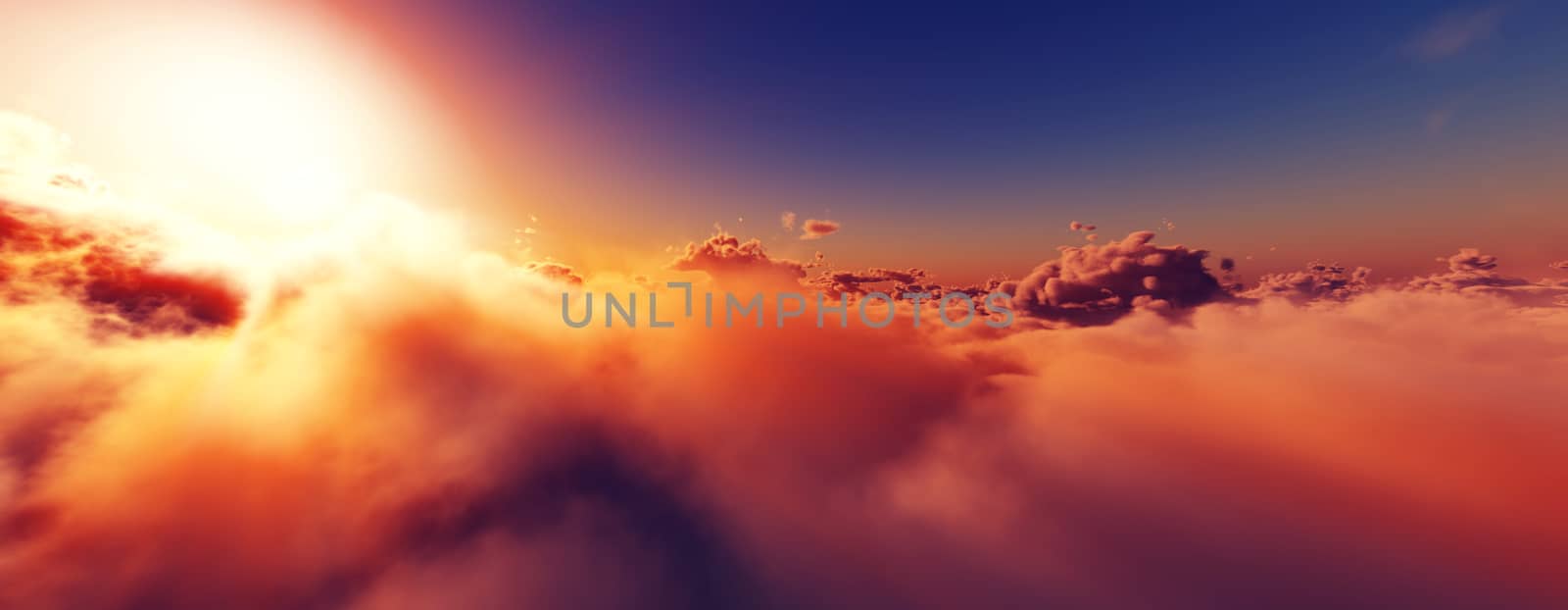 above clouds fly sunset sun ray illustration, 3d render