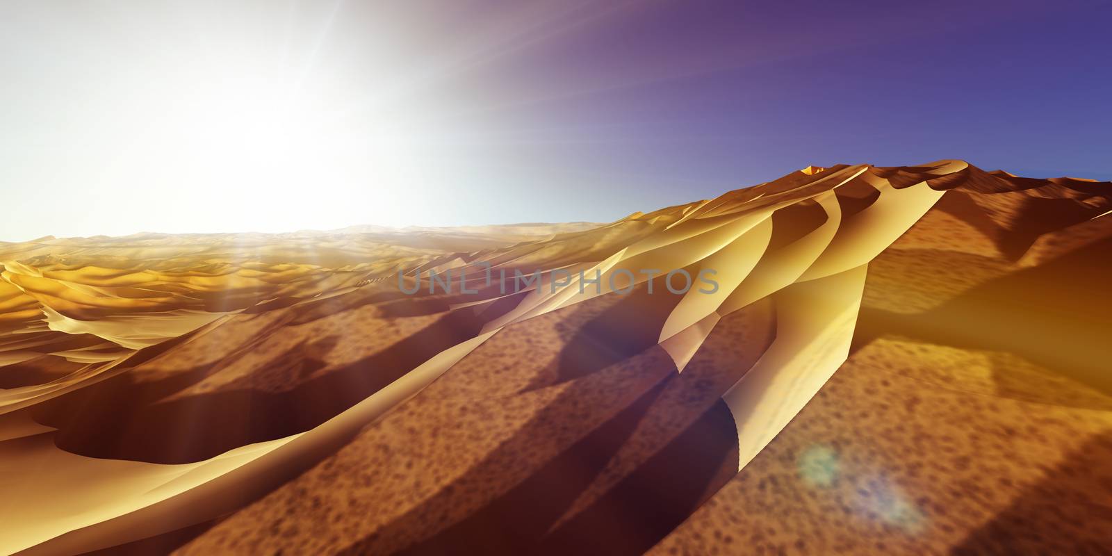 Dunes sunset over the desert. 3d rendering by alex_nako