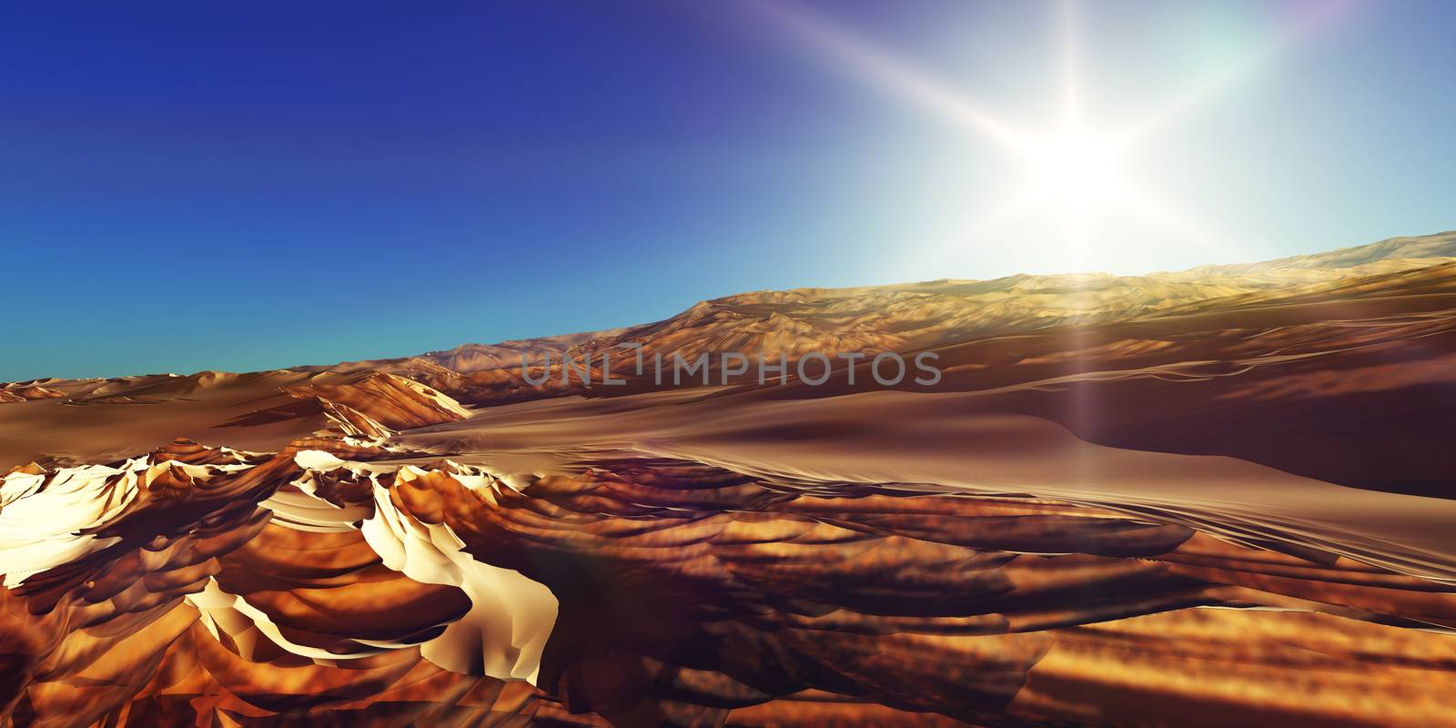 Dunes sunset over the desert. 3d rendering by alex_nako