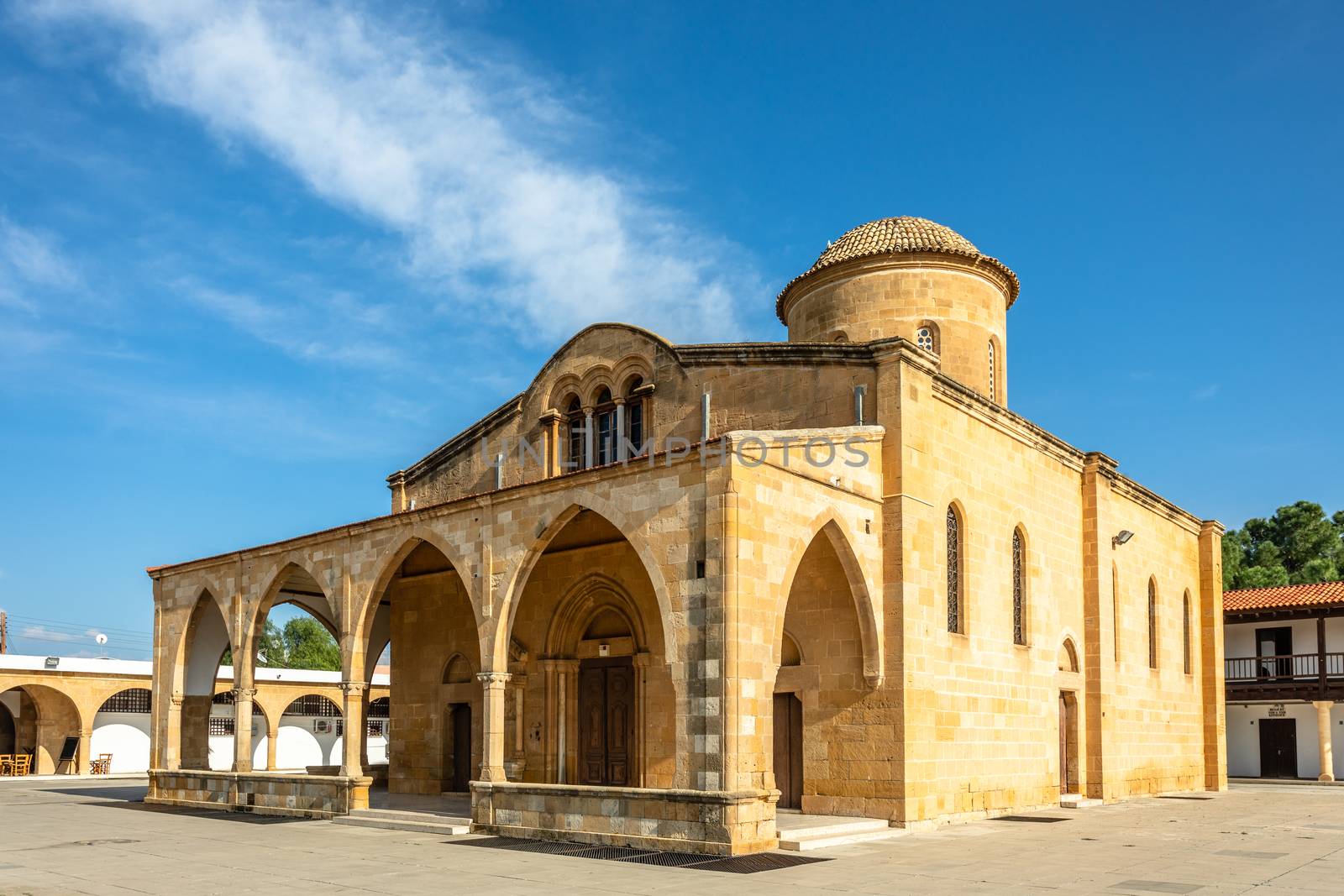 Square with Agios Mamas church with bell tower, Guzelyurt, Morph by ambeon