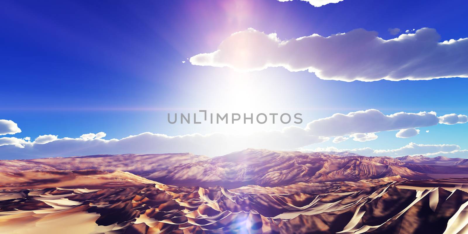 Dunes sunset over the desert. 3d rendering illustration