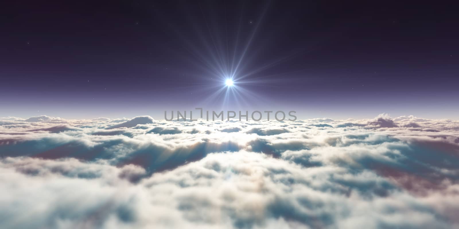 dream fly above clouds ray light, 3d rendering illustration