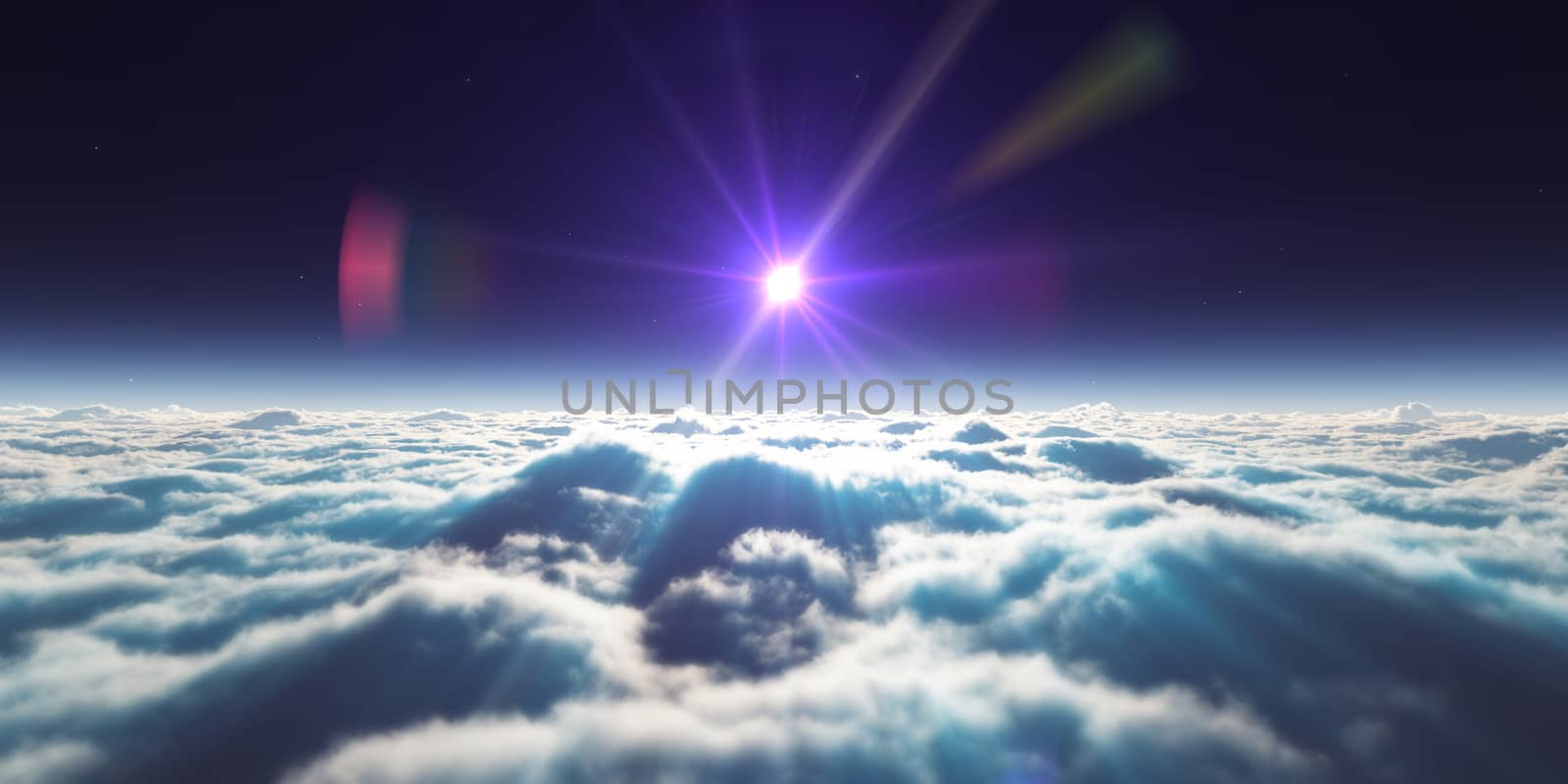 dream fly above clouds ray light, 3d rendering illustration