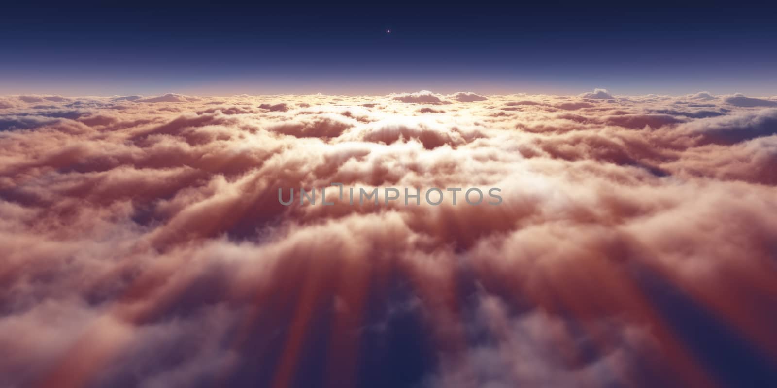 dream fly above clouds ray light, 3d rendering illustration