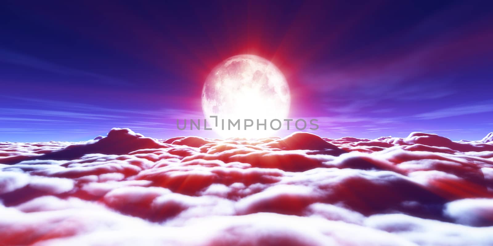 above clouds full moon illustration, 3d rendering