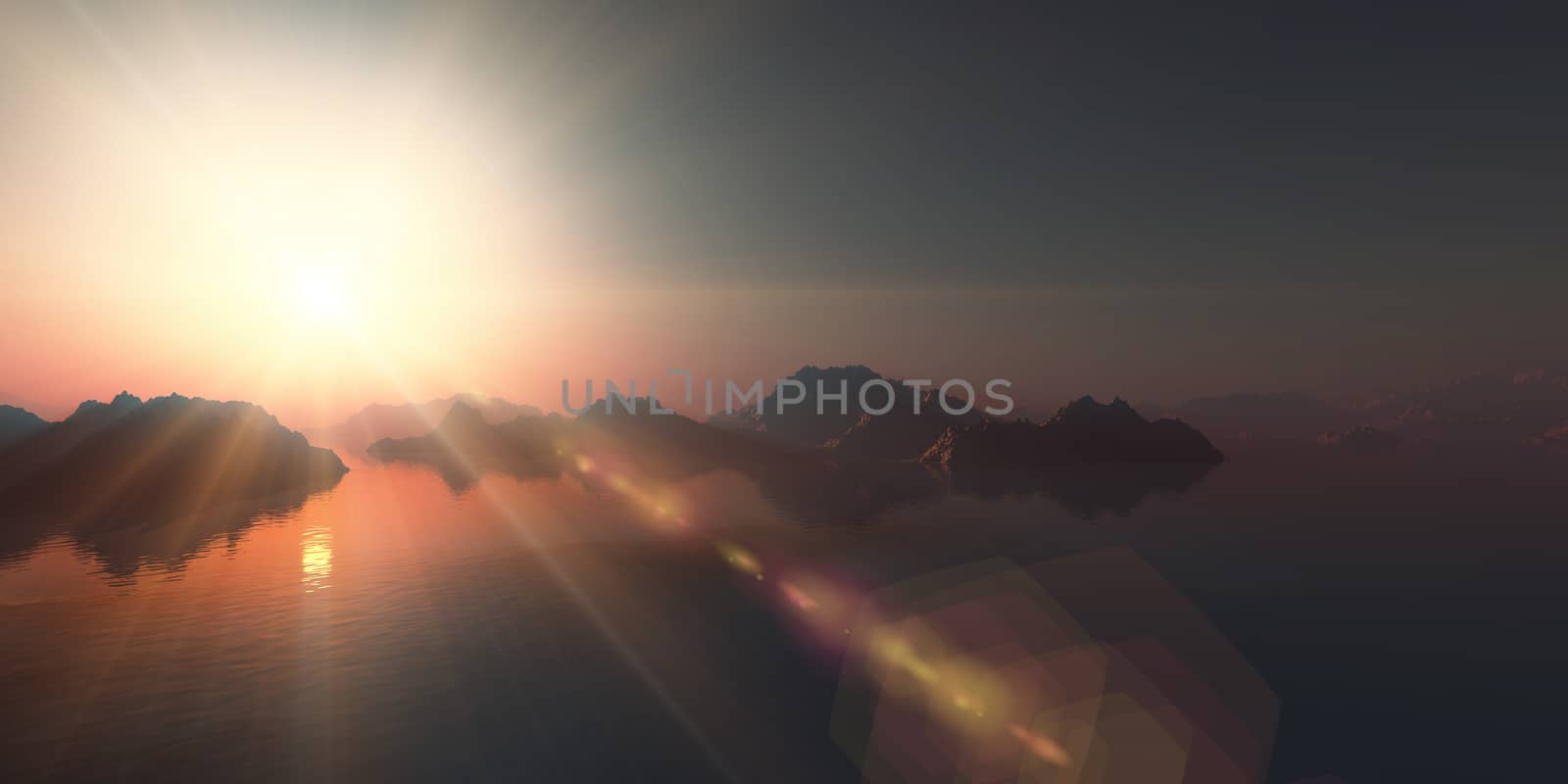 above islands in sea sunset, illustration 3d rendering