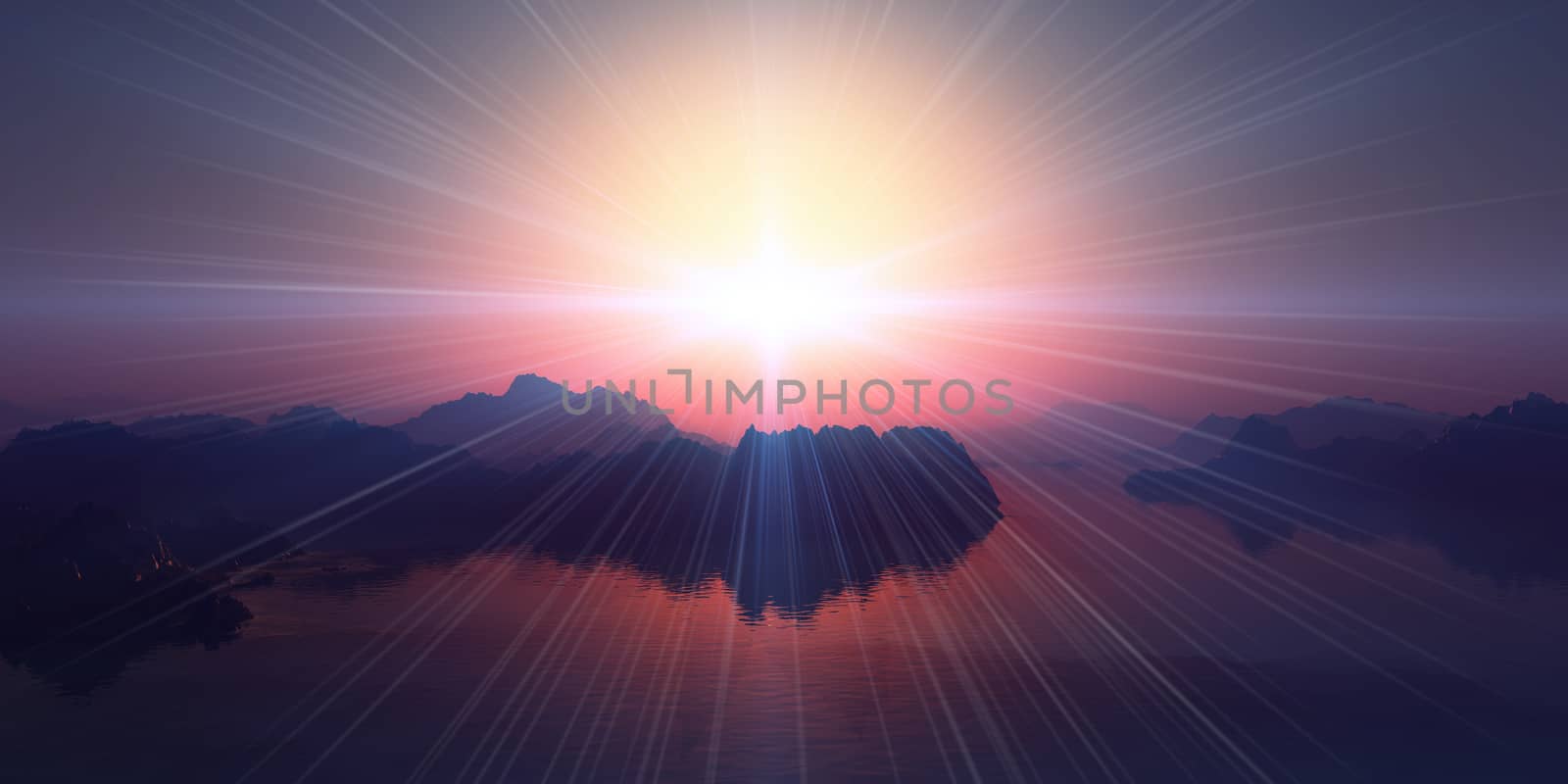 above islands in sea sunset, illustration 3d rendering