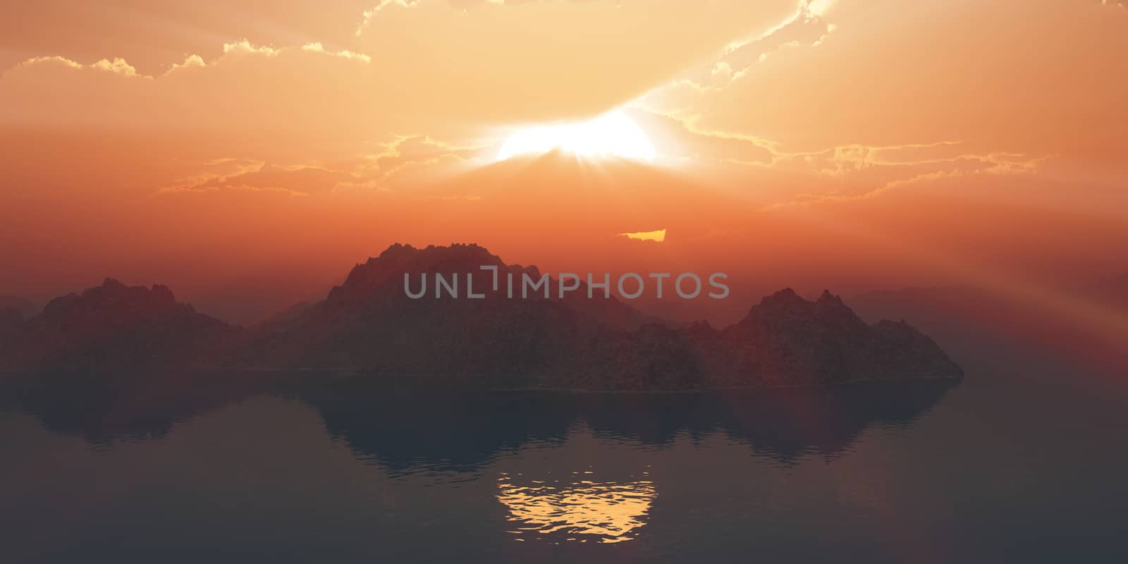 above islands in sea sunset, illustration 3d rendering