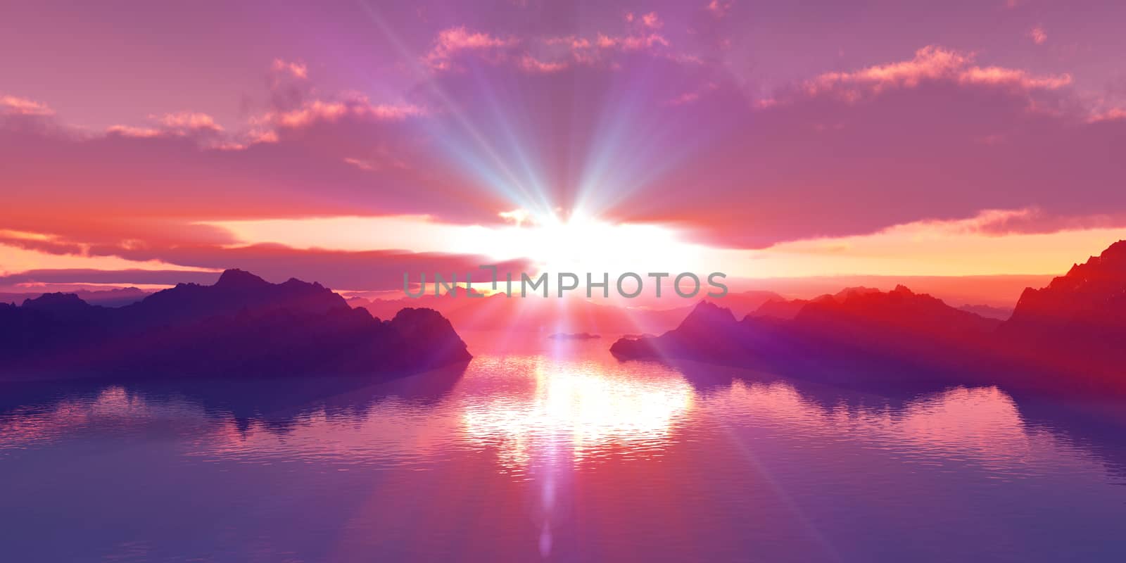 above islands in sea sunset, illustration 3d rendering