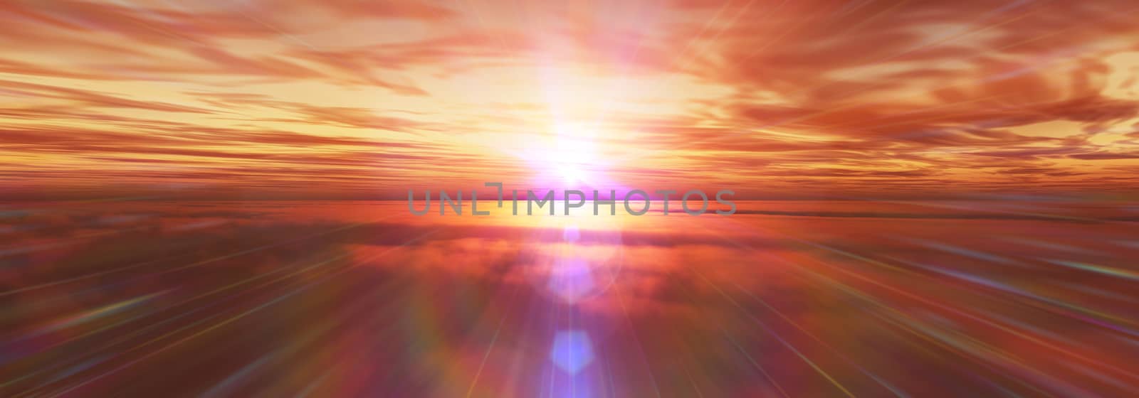 fly above clouds sunset landscape, 3d render illustration