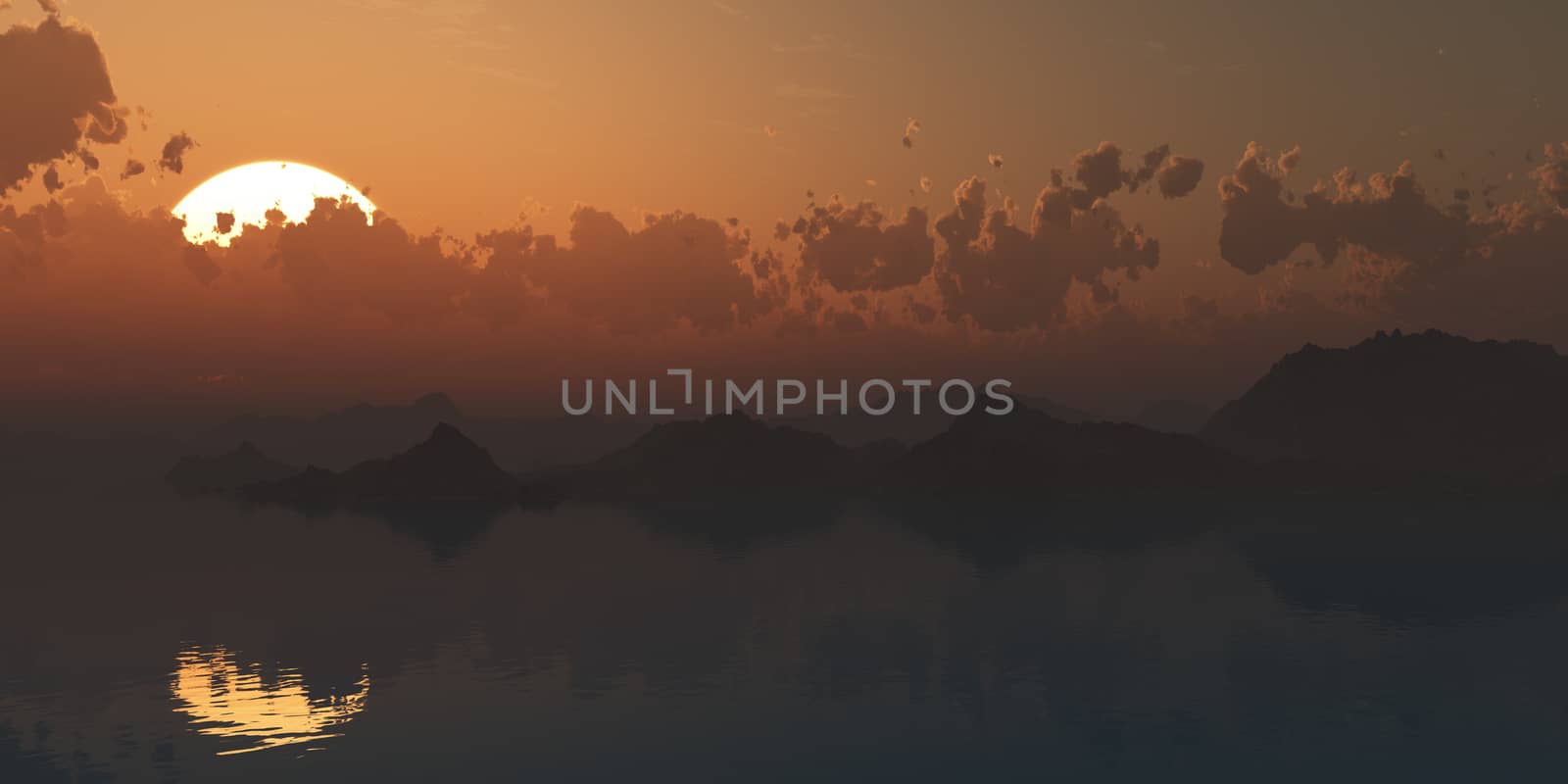 above islands in sea sunset, illustration 3d rendering