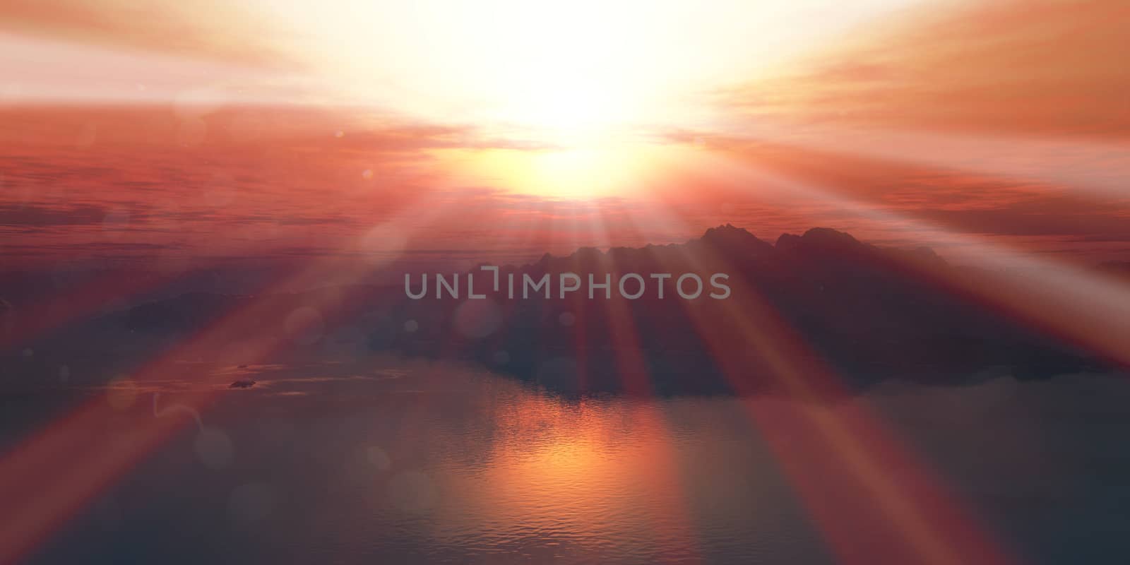 above islands in sea sunset, illustration 3d rendering