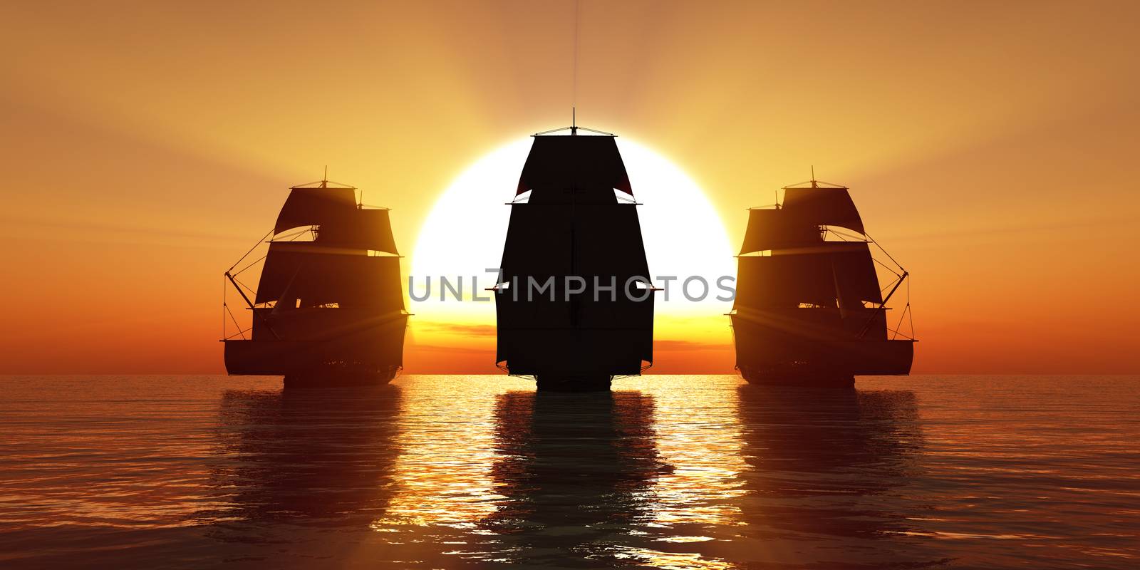 old three ships sunset at sea, 3d rendering by alex_nako