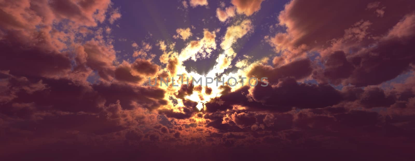 Sunset / sunrise with clouds, light rays and other atmospheric effect, 3d illustration by alex_nako