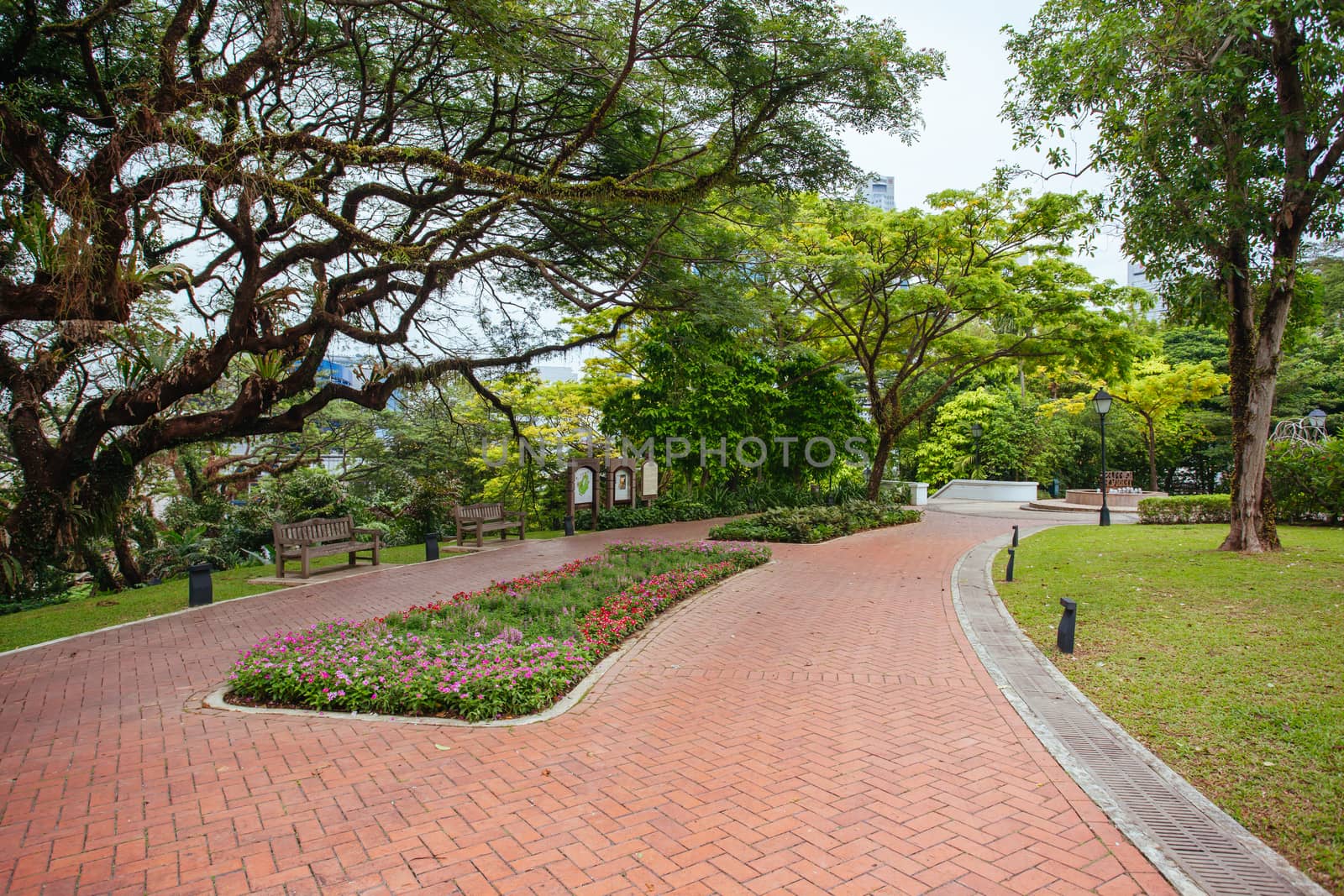 The surrounds of Fort Canning Park in Singapore City on a warm humid morning.