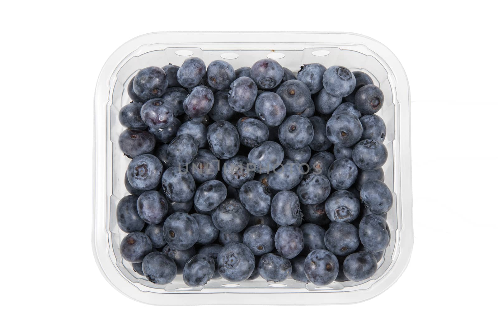 Blueberries image in a plastic container which have many food nutrition health benefits cut out and isolated on a white background