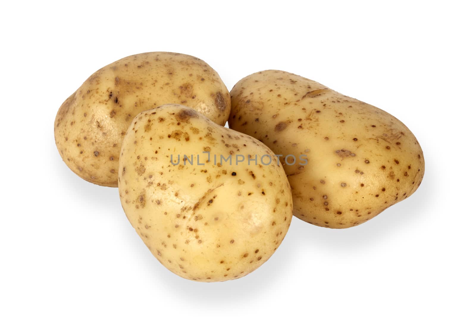 Three raw potato cut out and isolated on a white background