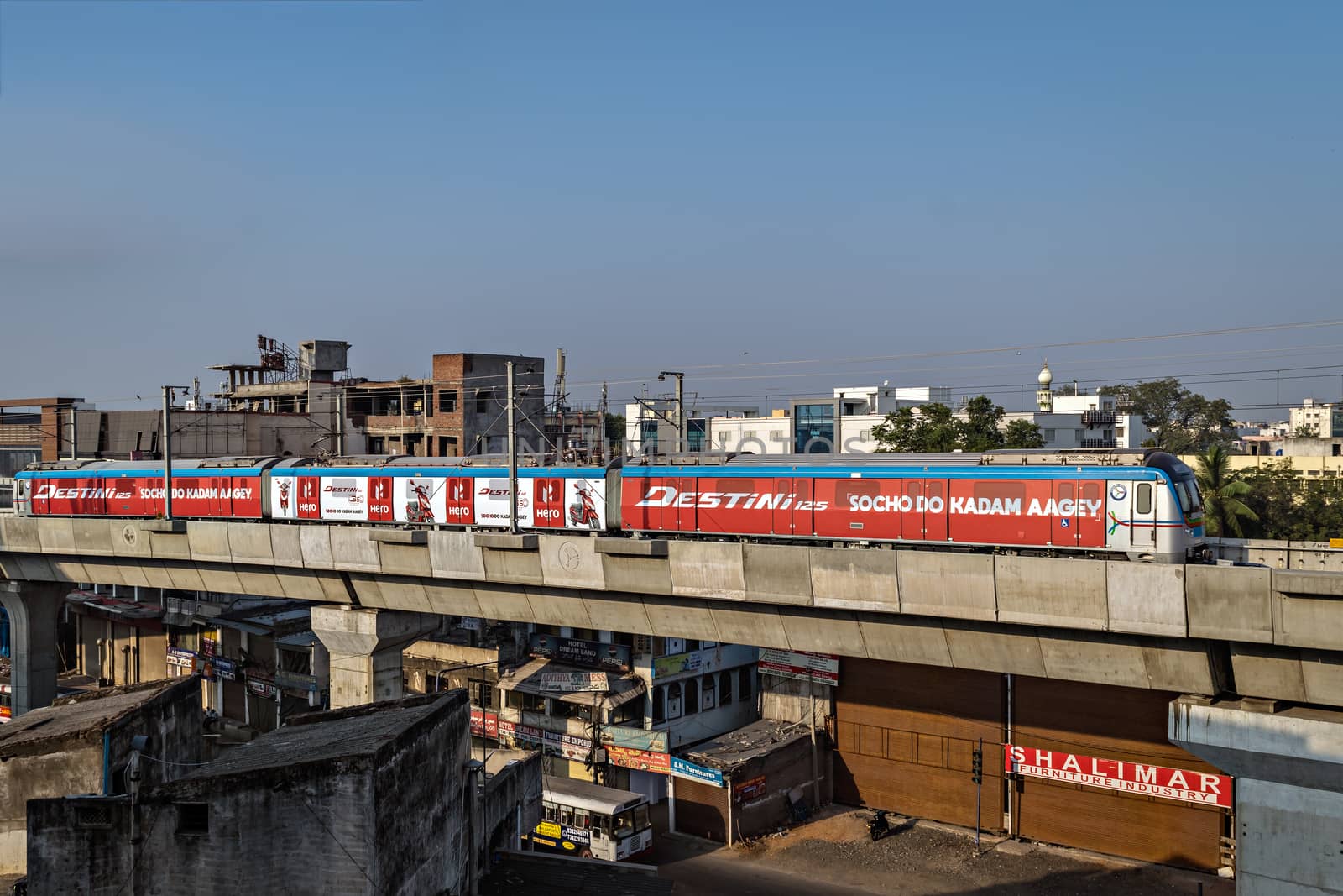 Rapid transit Hyderabad metro train enter Nampally station in the morning. The service has successfully completed one year in 2019